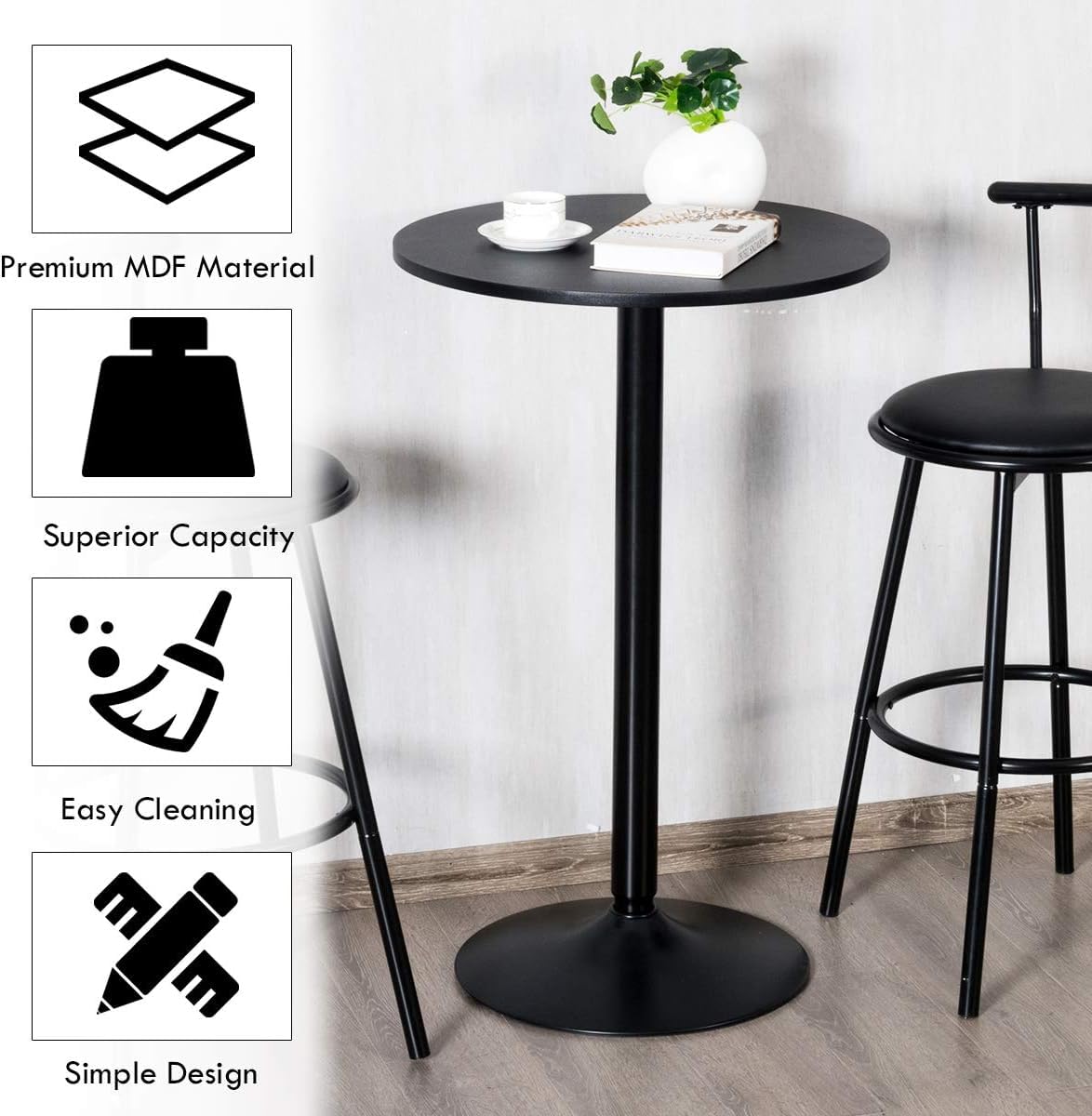 2-Pack 40-Inch Modern Cocktail Tables with Metal Base & 24-Inch MDF Round Top, Bistro High Tables for Living Room, Dining Room, Restaurant, Bar, and Outdoor Patio Use