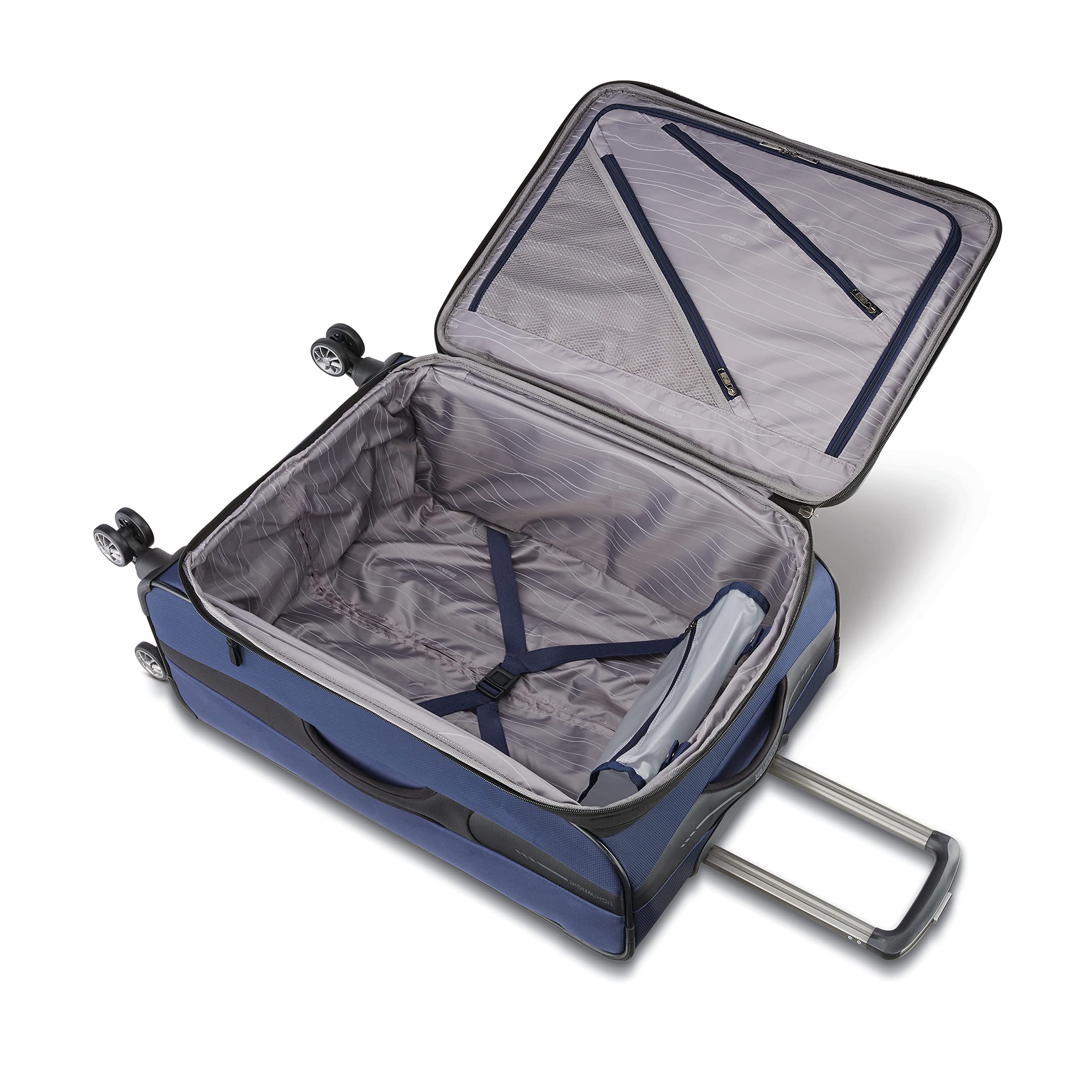 American Tourister Zoom Softside Luggage with 360° Spinner Wheels - Navy Blue Checked-Medium 25-Inch Suitcase for Travel, Business Trips & Family Vacations | Durable & Lightweight Carry-On Luggage