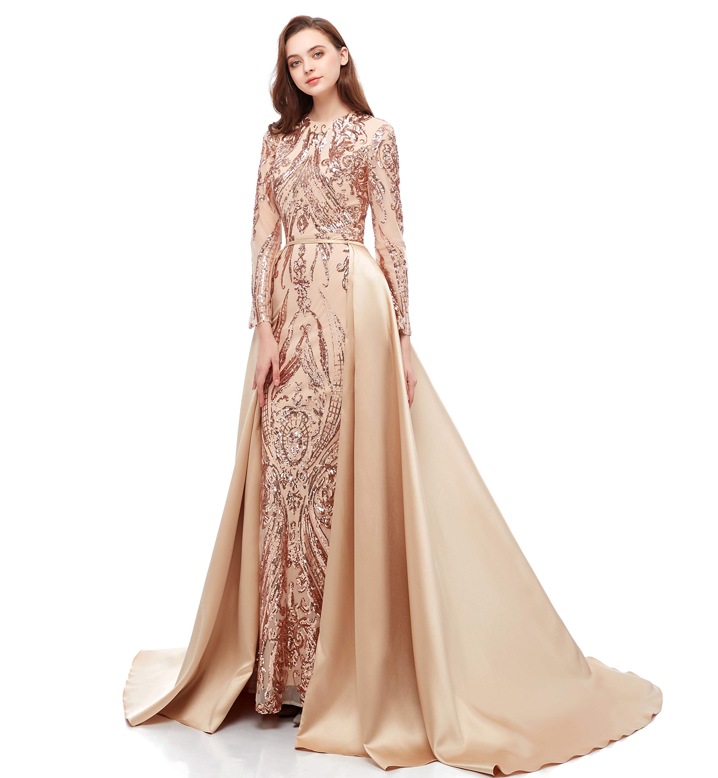 Elegant Long Sleeve Prom Dress with Glitter Sequin Detachable Skirt - Mermaid Pageant Gown for Evening Gala & Formal Parties | Perfect for Homecoming, Quinceañera & Red Carpet Events