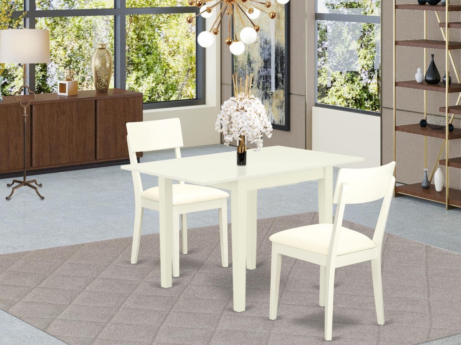 East West Furniture 3 Piece Dining Room Set - Rectangle Drop Leaf Table & 2 Faux Leather Chairs, 30x48 Inch, Linen White | Modern Small Space Dining Solution for Apartments, Breakfast Nooks & Cozy Kitchens