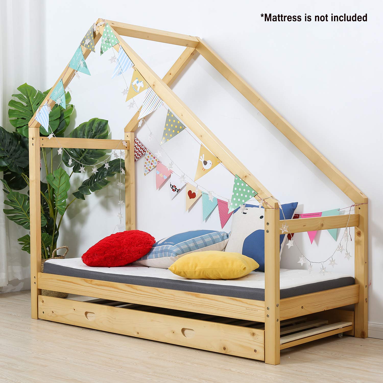 Premium Wooden Toddler House Frame Bed Tent - Safe & Sturdy Floor Bed for Kids, Double Bedroom Furniture - Perfect for Playtime, Sleepovers & Cozy Napping Spaces