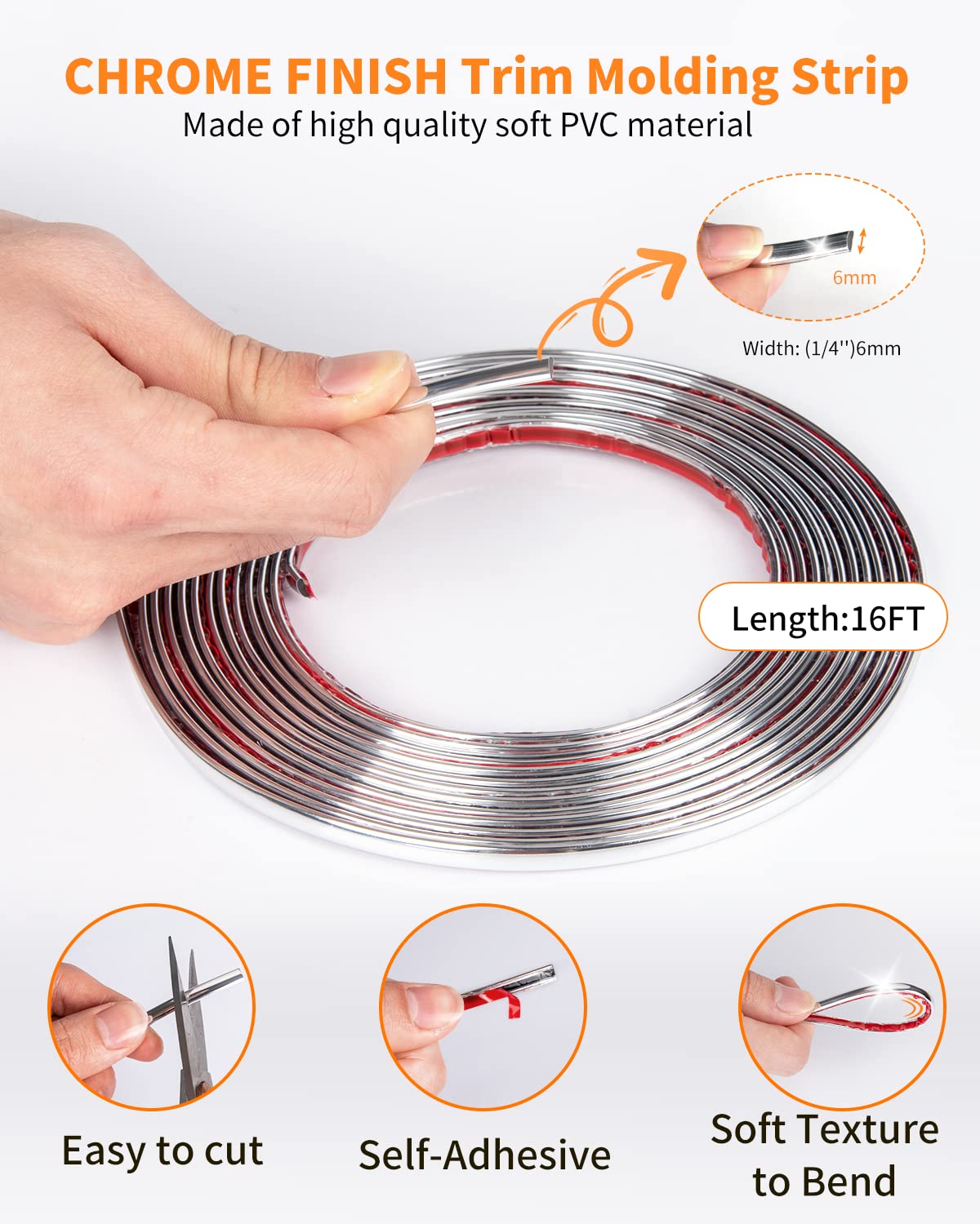 16Ft Car Trim Strip Self-Adhesive - Automotive Side Body Chrome Moulding for Exterior Protection & Decoration | DIY Car Trim Line Molding for Windows, Bumpers & Doors | Scratch-Proof Chrome Silver Finish | Perfect for Car Enthusiasts & DIY Projects
