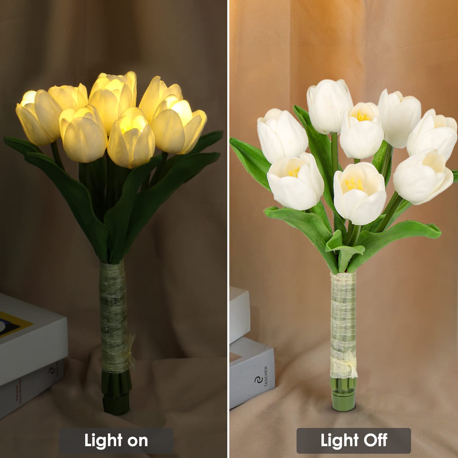 White Tulips Artificial Flowers 8pcs - Real Touch PU Fake Tulips Bouquet with LED Lights for Home, Wedding, Office Decor - Perfect for Table Centerpieces, Indoor Arrangements & Gift Giving