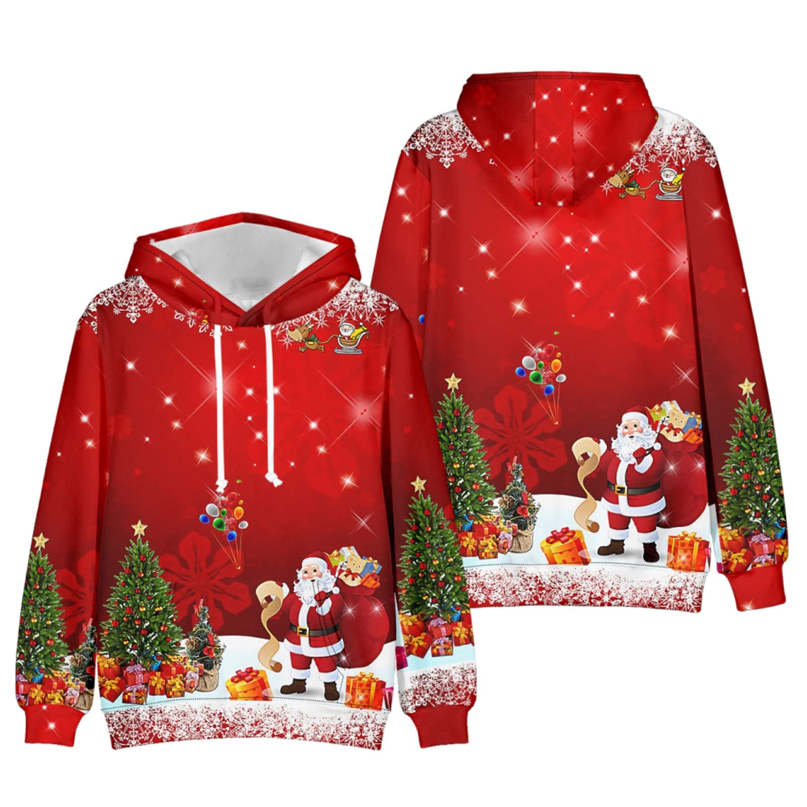 Men's Christmas Sweater - 3D Printed Reindeer & Santa Claus Holiday Pullover with Hood, Kangaroo Pocket & Snowflake Design | Warm Xmas Jumper for Parties, Gifts & Winter Outfits (XS-5XL)
