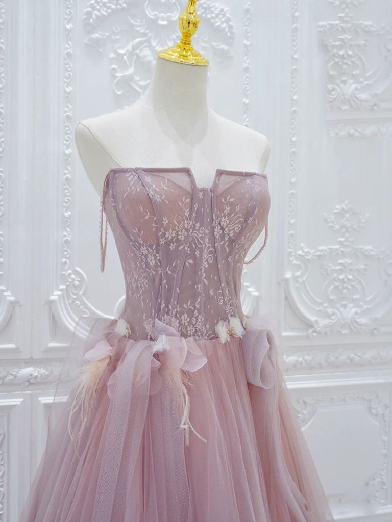Elegant A-Line Pink Tulle Lace Long Prom Dress - Formal Evening Gown for Homecoming, Wedding, and Special Occasions