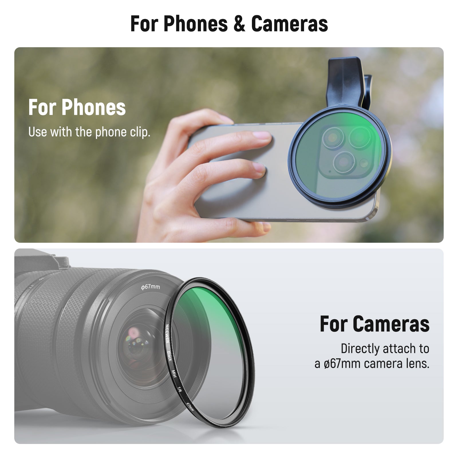 NEEWER FL B24/FL B20 67mm Black Diffusion 1/4 Filter with Clip for Smartphone Camera - Enhance Video Quality for Vlogging, YouTube & Social Media Content Creation