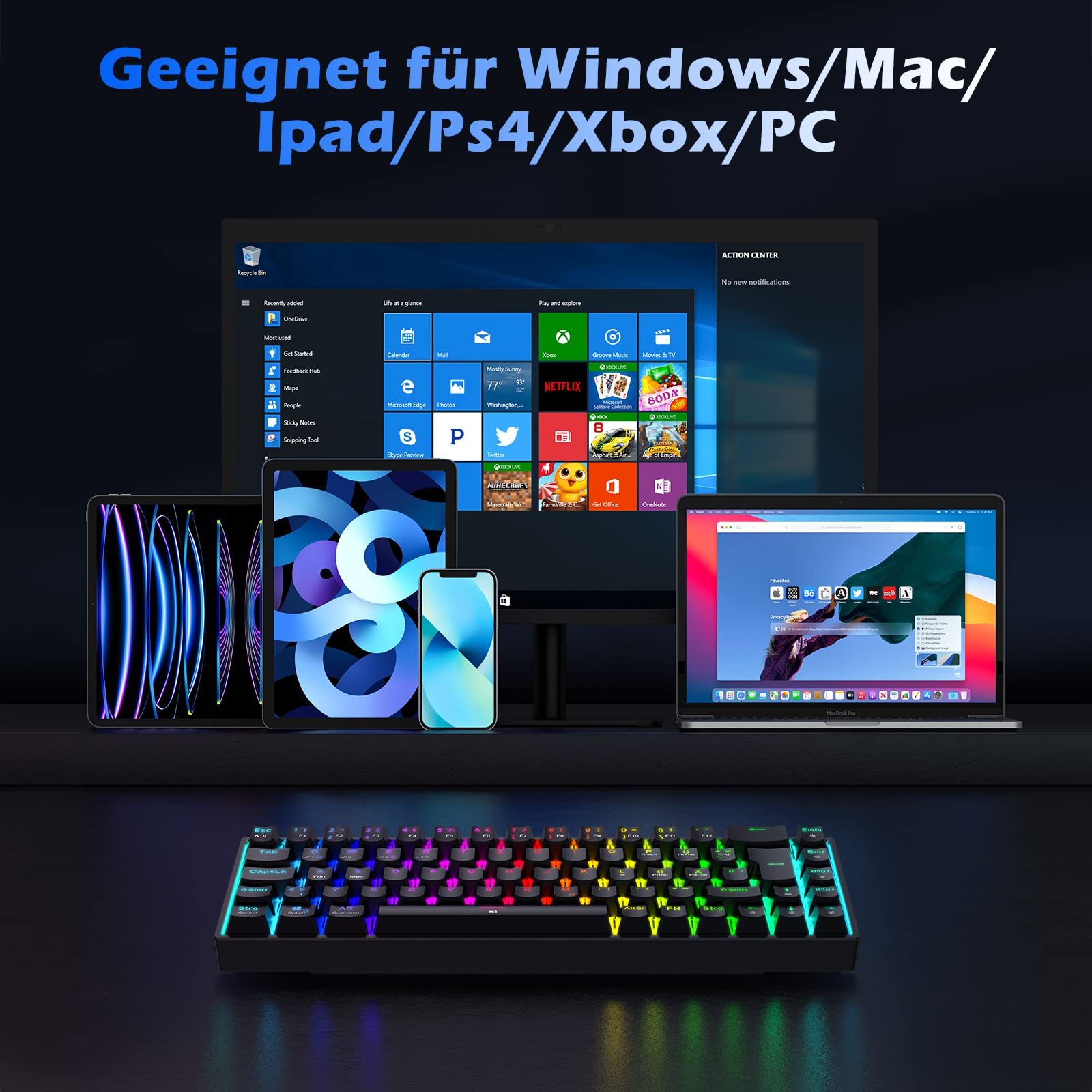TECURS Wireless Mechanical Gaming Keyboard - RGB Backlit, 65% TKL Compact Design with Red Switches | German QWERTZ Layout for PC, PS4, PS5, Xbox One & Laptop | Perfect for Gaming, Office Work & Typing | Black
