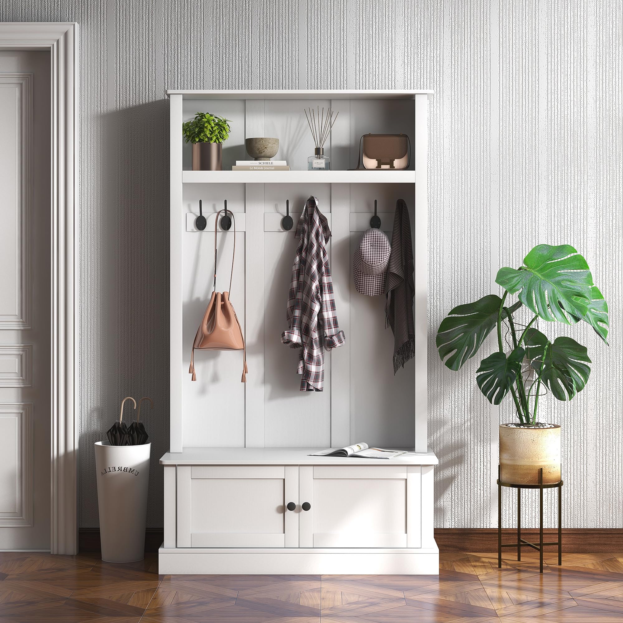HOMCOM 42 Inch 3-in-1 Entryway Hall Tree with Storage Bench, Coat Rack with 6 Hooks, Shoe Organizer and Top Shelf - White | Perfect for Mudroom, Foyer & Entryway Organization