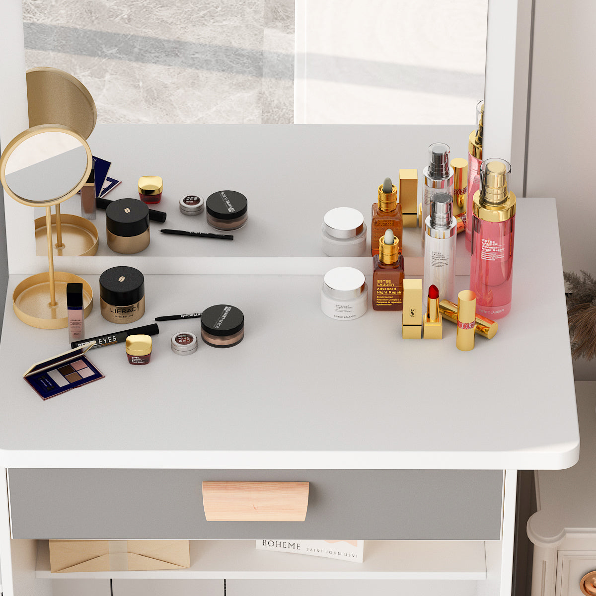 Vanity Set with Sliding Mirror, 4 Drawers & Shelves - Includes Cushioned Stool for Makeup & Dressing Room Organization - Perfect for Bedroom, Bathroom & Beauty Salon Decor