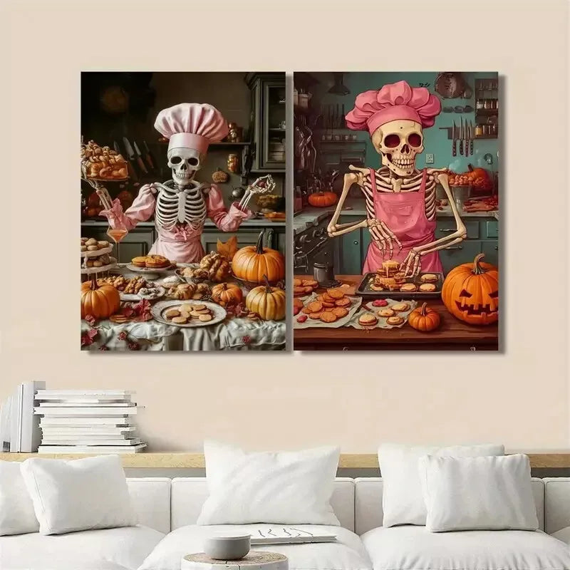 2PCS Skeleton Chef Food Art Canvas - 50x75cm Framed Wall Decor, High Quality Australian Made Print, Ready to Hang - Perfect for Restaurant, Kitchen & Home Decor