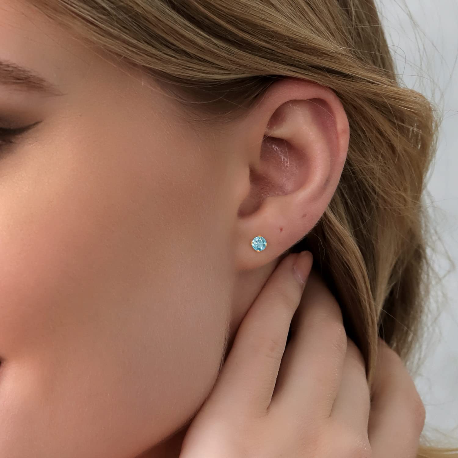 14K Yellow Gold Blue Zircon Stud Earrings for Women & Men - 1.00 Cttw December Birthstone Jewelry, 4MM Round Gemstone Earrings - Perfect Gift for Birthday, Anniversary & Special Occasions