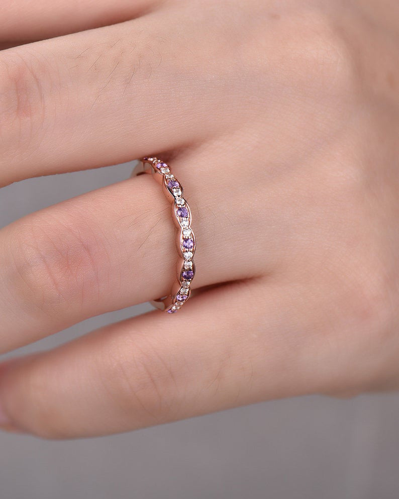 14K Rose Gold Amethyst Diamond Wedding Band - Vintage Marquise Half Eternity Engagement Ring for Women, Stackable Birthstone Jewelry for Bridal, Anniversary & Special Occasions