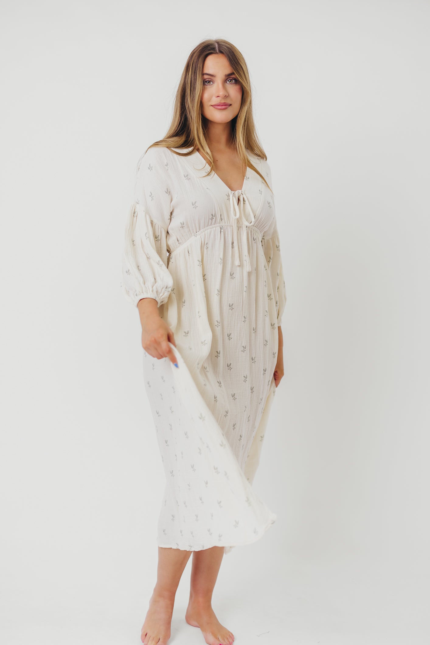 Hunter 100% Cotton Gauze Midi Dress - Soy/Sage Foliage Print | Bump Friendly Maternity Dress | Inclusive Sizing XS-XXL | Perfect for Summer Vacations, Beach Weddings & Boho Fashion
