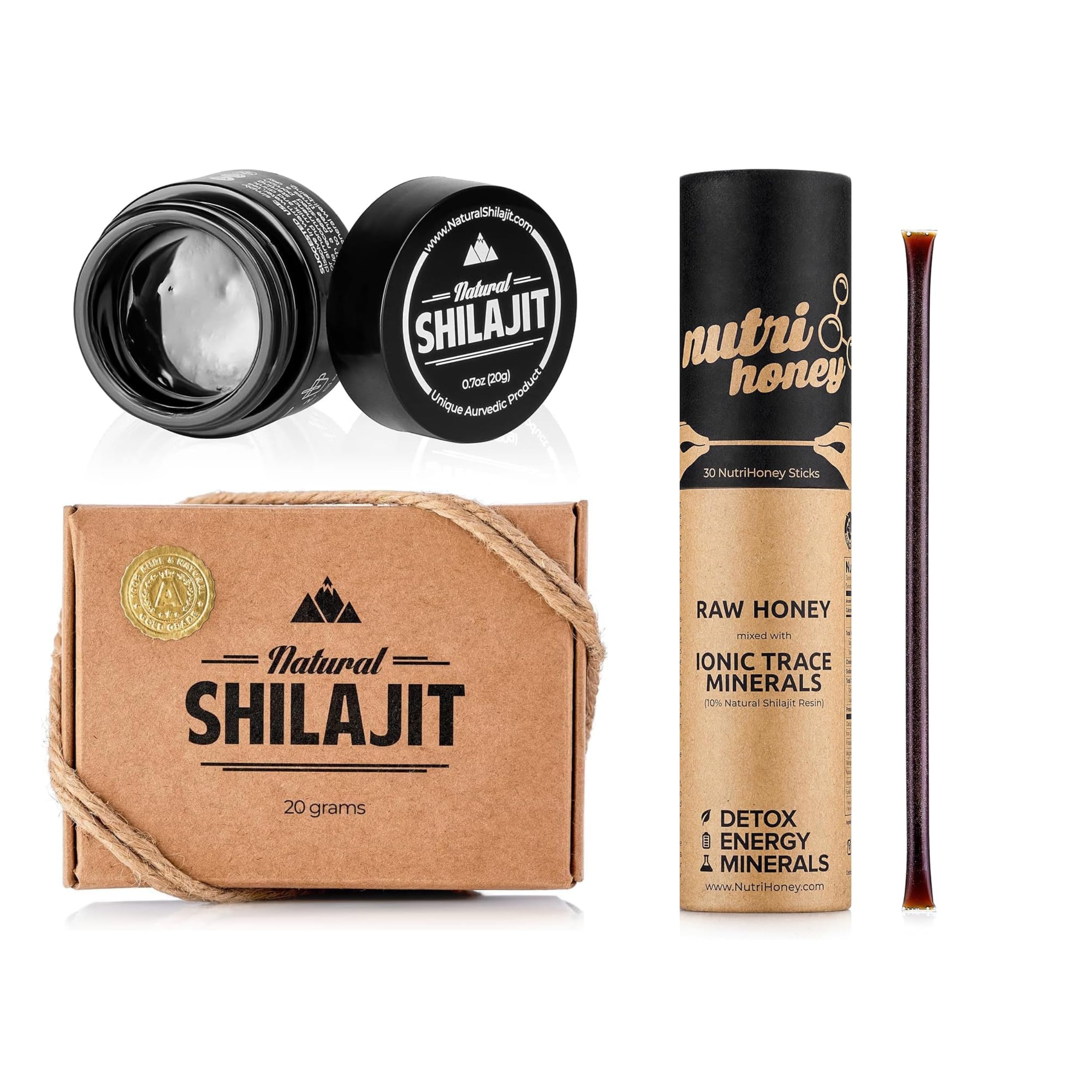 Pure NATURAL SHILAJIT Resin - 20g Organic Shilajit Supplement with Fulvic Acid & 84+ Trace Minerals - 30 Count Shilajit Honey Sticks for Energy, Immunity & Vitality - Perfect for Daily Wellness & Ayurvedic Rituals