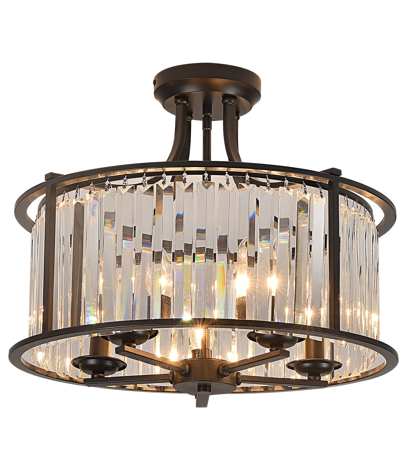 5-Light Black Semi Flush Mount Crystal Chandelier - Modern Metal Ceiling Light Fixture for Living Room, Dining Room, Kitchen, Bedroom, Foyer & Hallway - 19.69