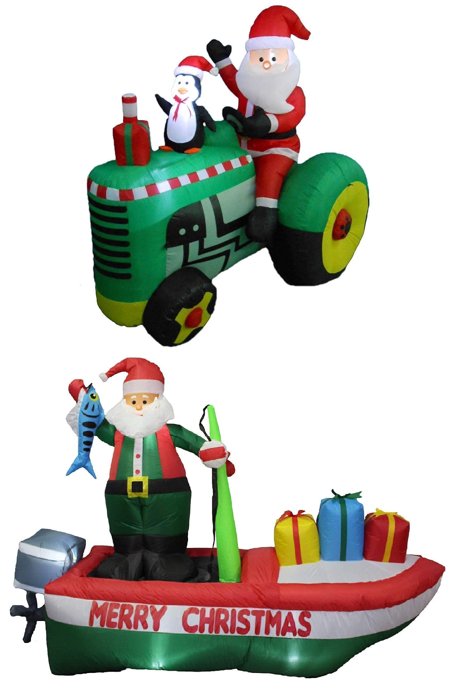 5.3ft Inflatable Santa Claus Tractor with Penguin & 8ft Santa Fishing Boat - Christmas Party Decorations Bundle for Outdoor Yard, Home, and Holiday Festivities