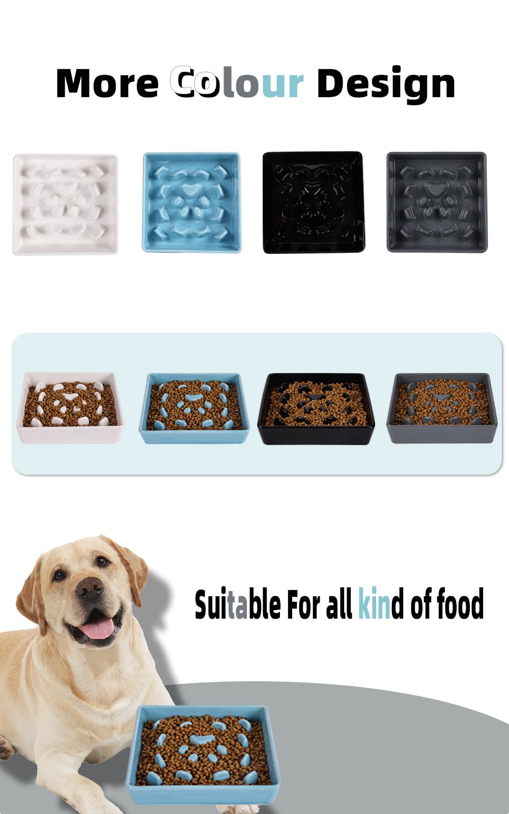 Ceramic Slow Feeder Dog Bowl for Small & Medium Breeds - Square Fun Design in Turquoise - Prevent Fast Eating & Bloat - Perfect for Mealtime Enrichment & Portion Control