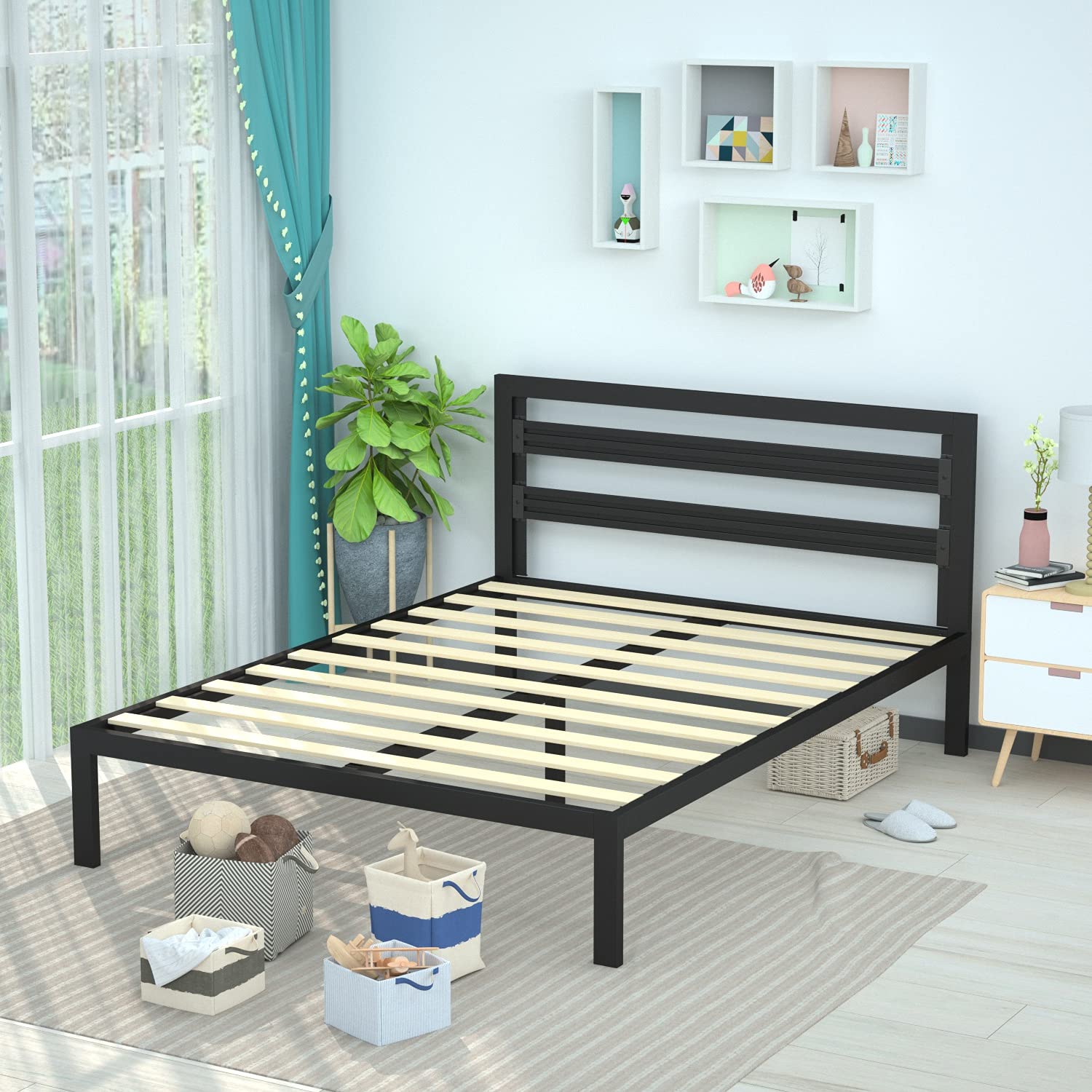Amazon Basics Metal Bed Frame with Modern Industrial Design Headboard - 14 Inch Height for Under-Bed Storage - Wood Slats Support - Easy Assembly Queen Size Bed in Black - Perfect for Small Apartments, Dorm Rooms & Guest Bedrooms