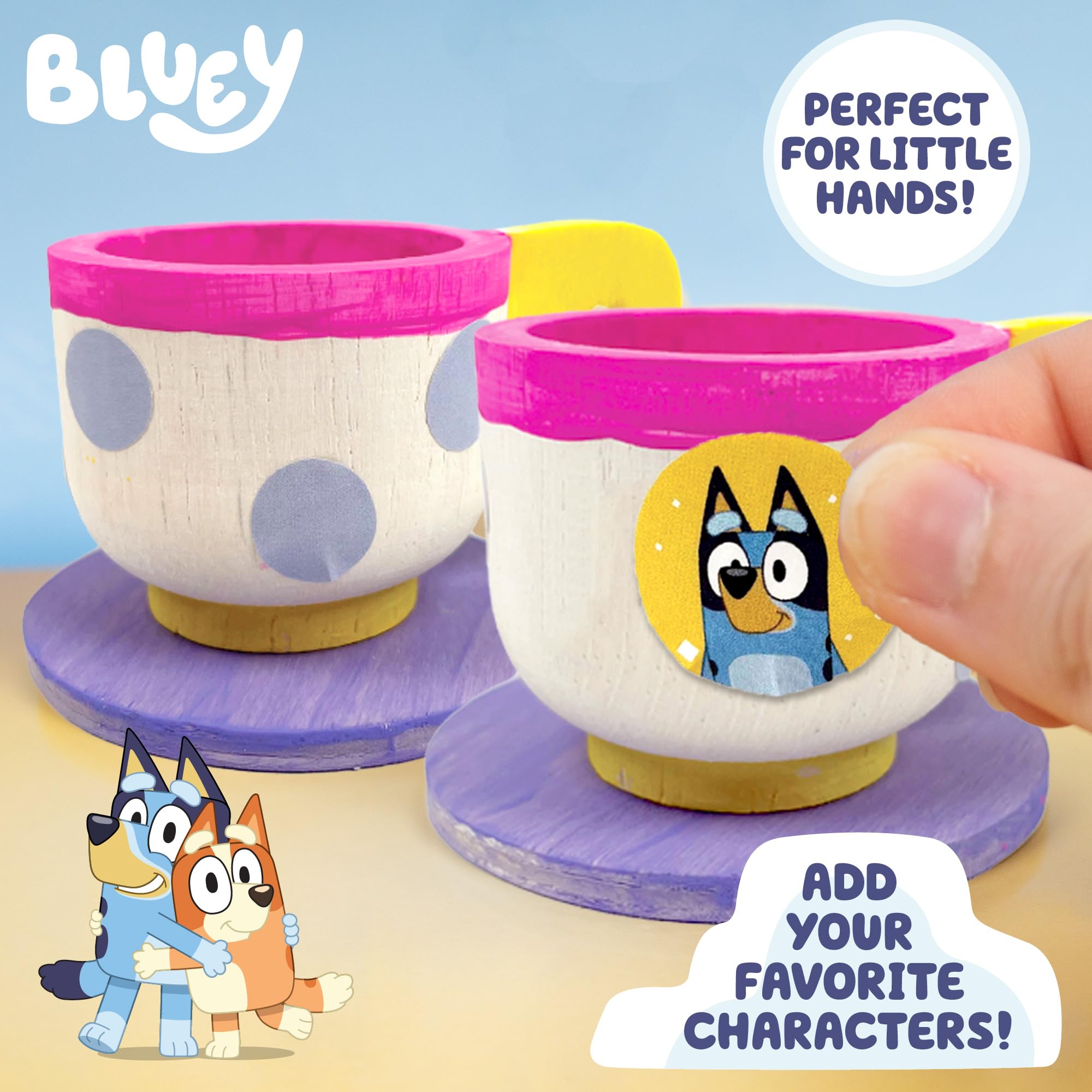 Bluey Paint & Play Tea Set - 6-Piece Wooden Toy for Kids with Custom Paint & Stickers, 2 Wearable Crowns | Pretend Play, Birthday Party Decor & Creative Gift for Toddlers | Perfect for Imaginative Play, Tea Parties & Preschool Learning Activities