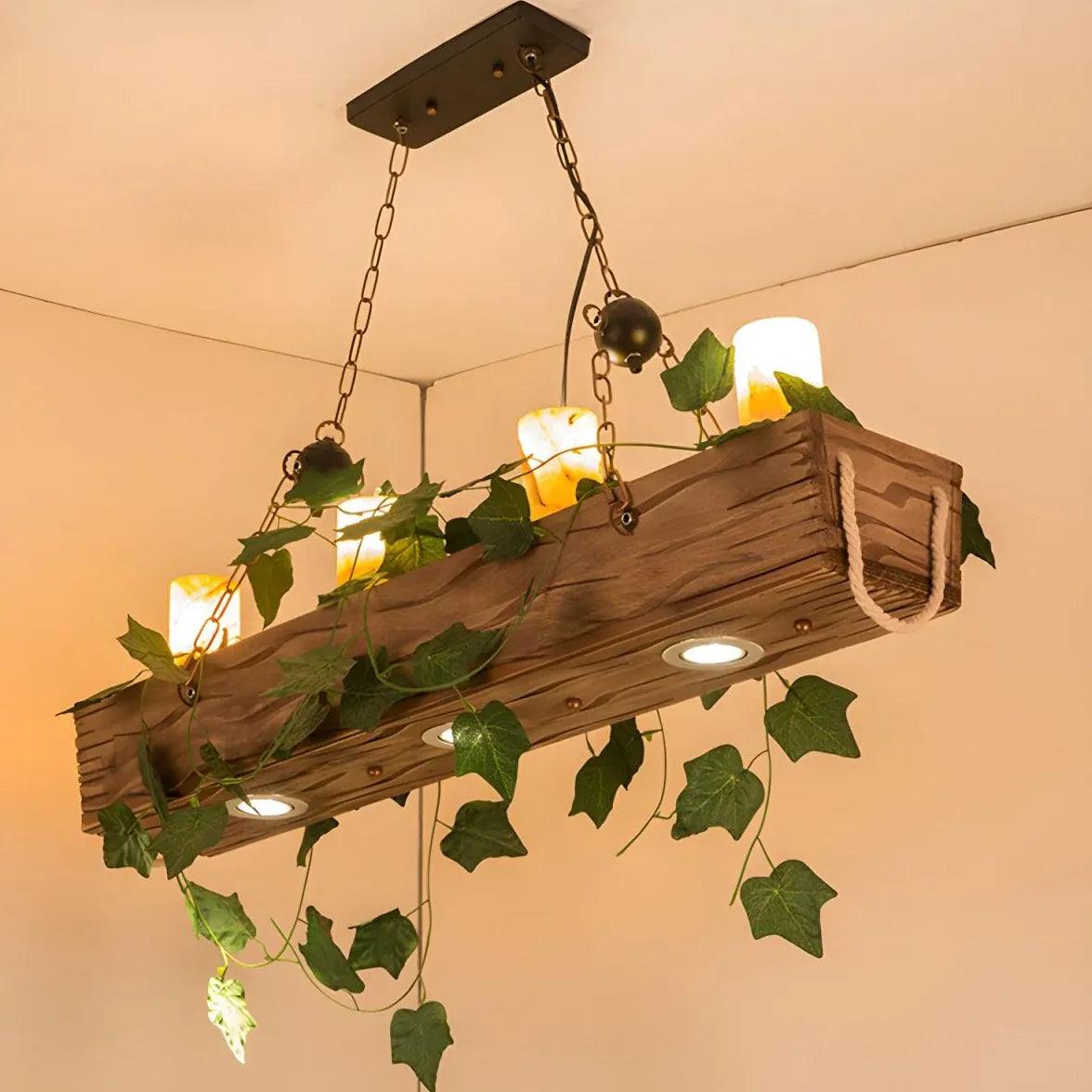Modern Rectangular Wooden Pendant Light - Farmhouse Dining Room Ceiling Fixture, Rustic Wood Chandelier for Kitchen Island, Breakfast Nook & Living Room Decor