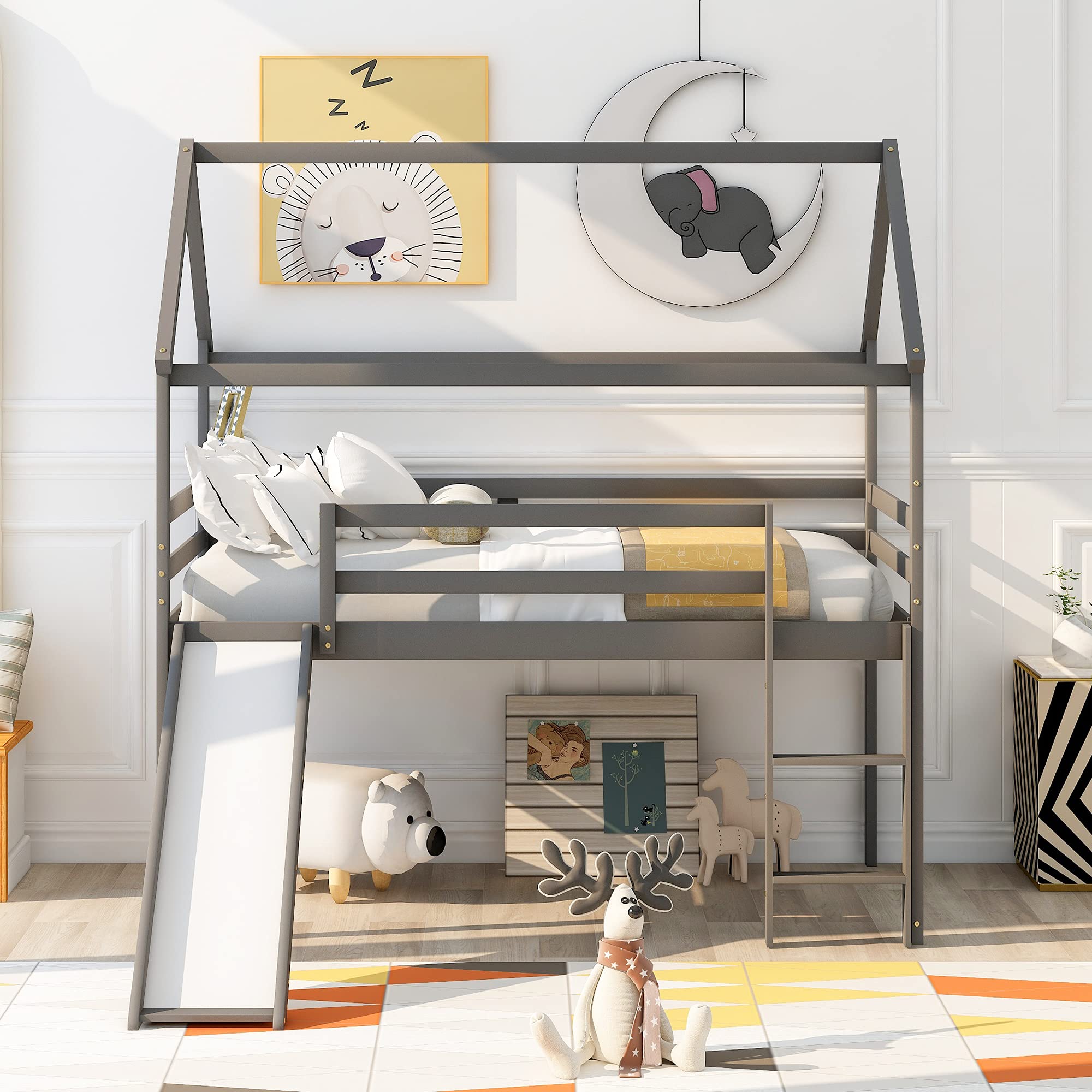 Solid Wood Kids Loft Bed with Slide - Twin Size Wooden House Bed Frame with Roof & Ladder - No Box Spring Needed - Gray - Perfect for Small Bedrooms & Playrooms