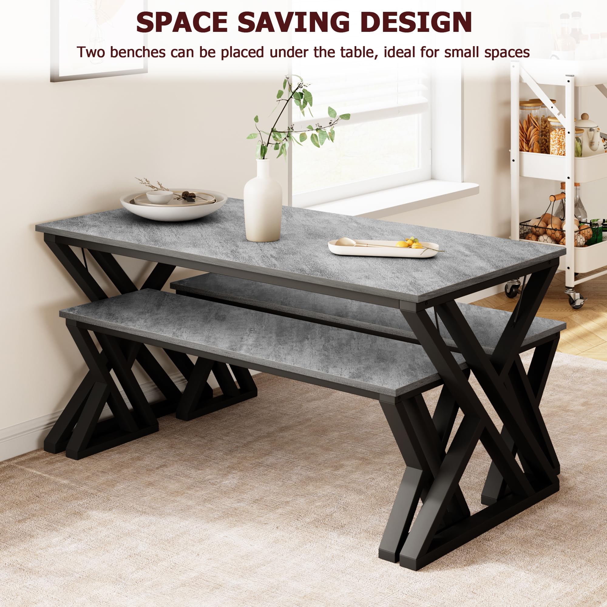 GAOMON 4-Piece Dining Table Set with 2 Benches, Modern Rectangular Kitchen Table with Sturdy Metal Frame, Space-Saving Design for Small Apartments - Perfect for Family Meals, Breakfast Nook & Compact Dining Areas (Grey)