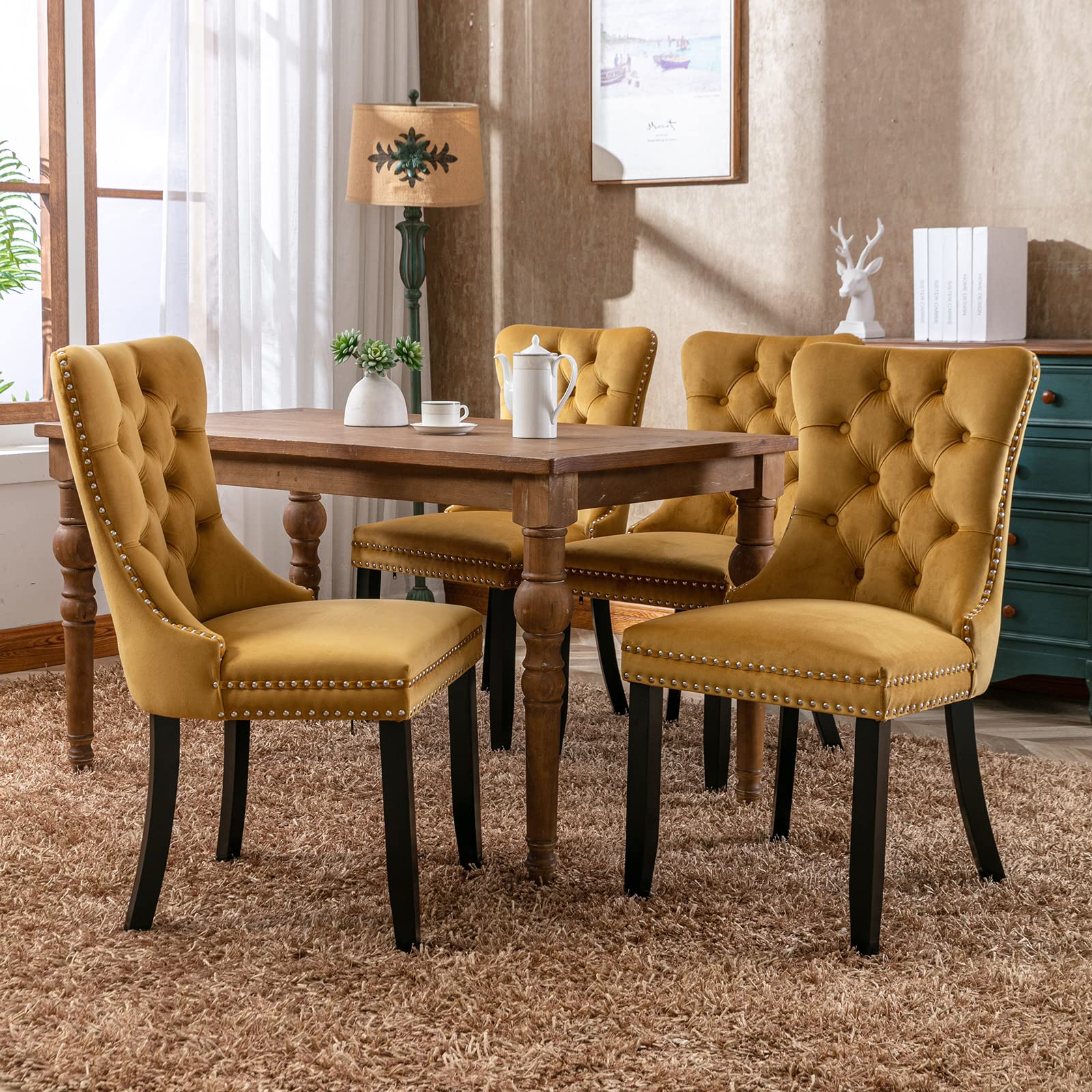 Luxury Gold Velvet Dining Chairs Set of 2 - Modern Tufted Upholstered Kitchen & Dining Room Chairs with Solid Wood Frame (Golden Yellow) - Perfect for Home Decor, Restaurant, Wedding & Event Seating