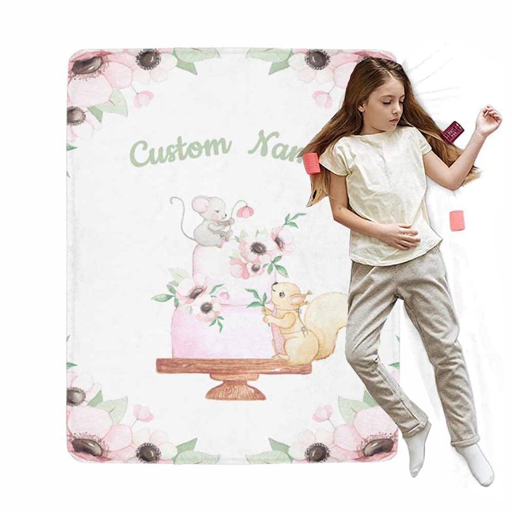 Personalized Baby Blanket with Custom Name - Soft Squirrel & Flower Design for Boys & Girls | Cozy Toddler Throw for Nursery, Couch & Travel | Perfect Birthday Gift & Home Decor for Kids