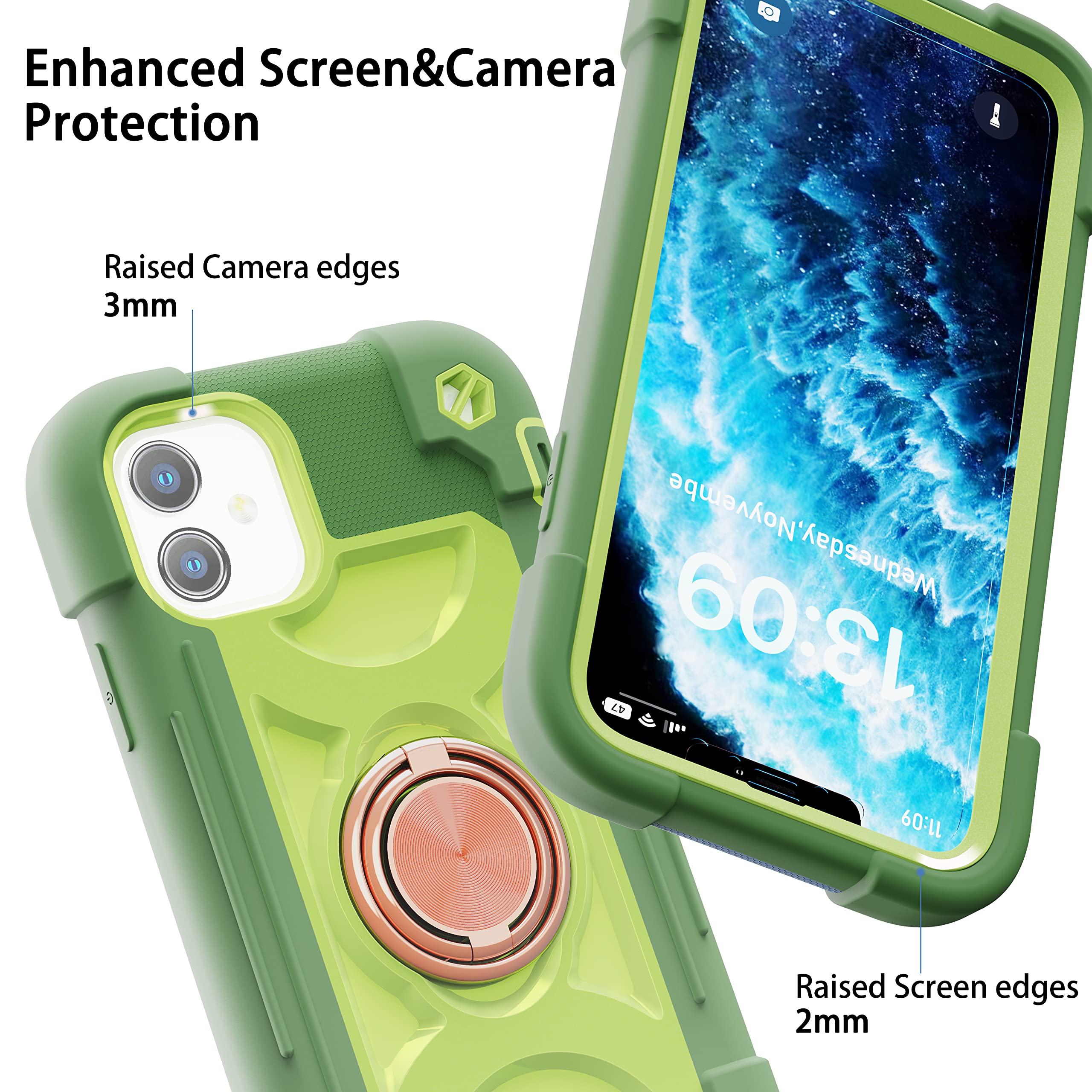 Premium Shockproof Rugged Military Grade iPhone 11 Case (6.1 Inch) with Ring Stand & Magnetic Car Mount - Includes 2 Pack Tempered Glass Screen Protector - Avocado Green - Perfect for Outdoor Adventures & Daily Protection