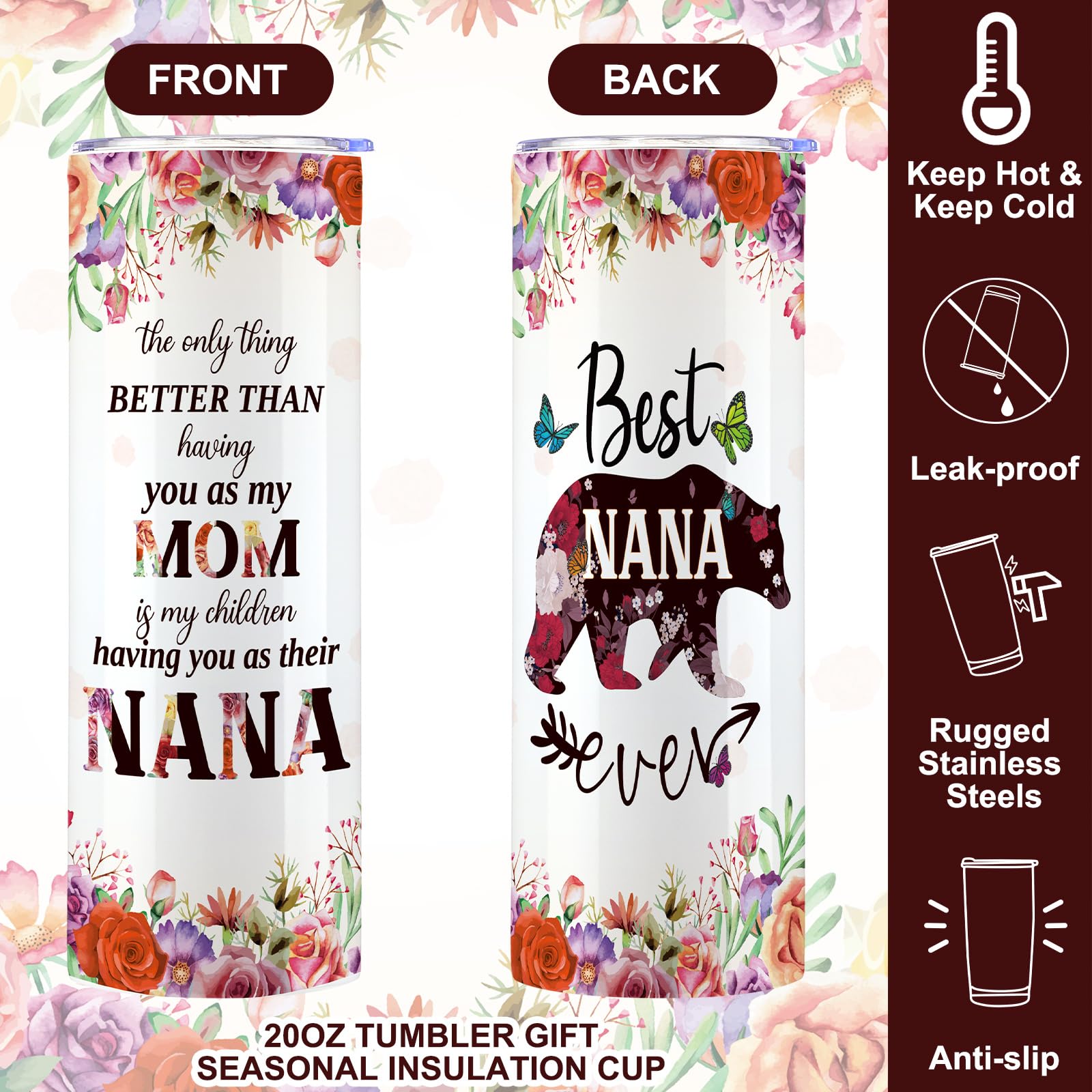 Silkfly 3-Piece Best Nana Ever Gift Set - Stainless Steel Tumbler & Canvas Tote Bag for Women | Perfect Mother's Day, Birthday Gifts for Mom, Grandma, Friend, Family & Coworkers | Great for Coffee Dates, Shopping Trips & Office Use