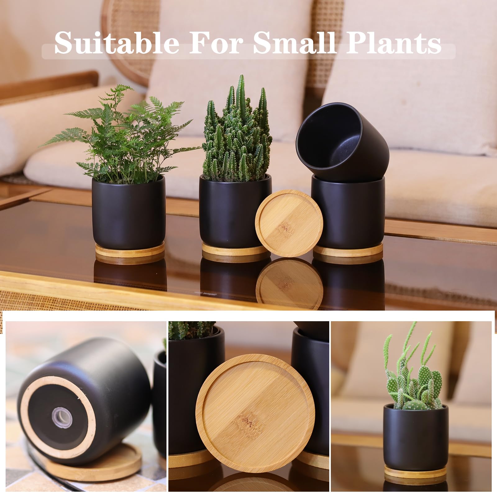 TAMAYKIM 4 Inch Ceramic Flower Pots with Drainage Holes and Saucers - Indoor Planters for Succulents, Snake Plants, Cactus, Herbs - Set of 4 Black Small Pots (Plants Not Included) - Perfect for Home Decor, Office Desk, Windowsill Gardening Gifts