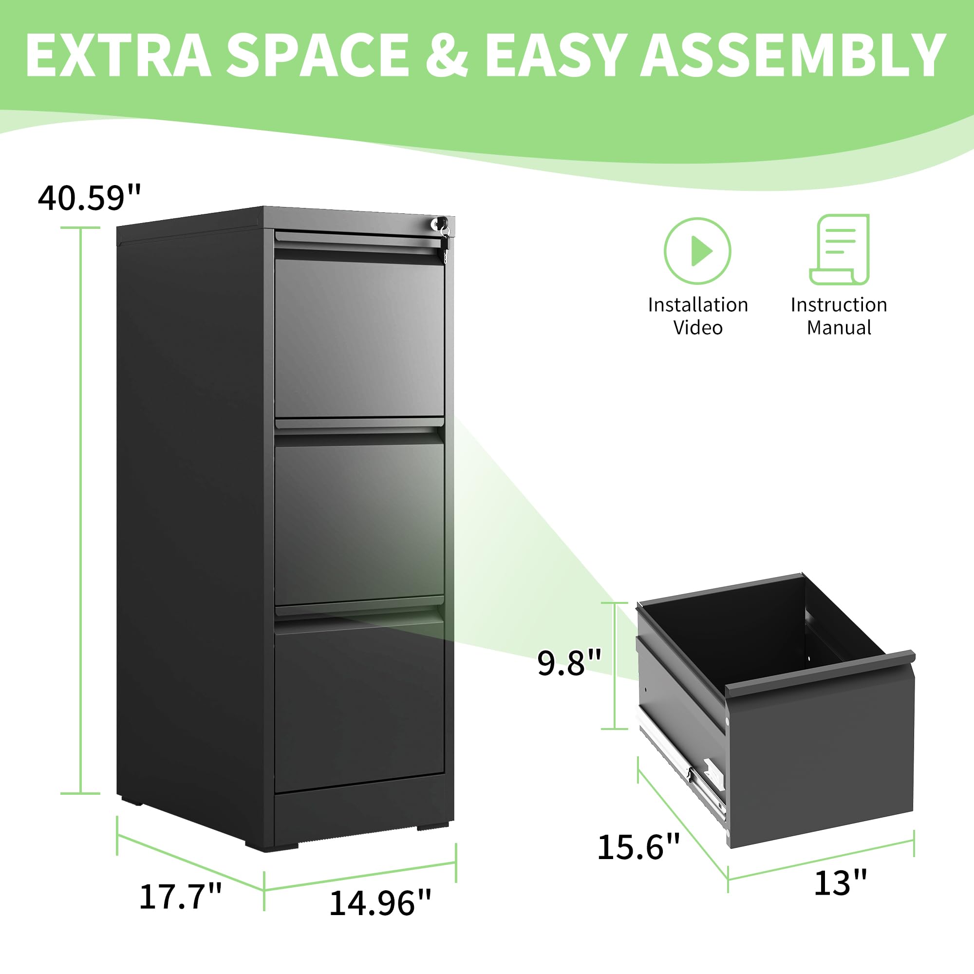 Heavy Duty 3-Drawer Metal File Cabinet with Lock - Steel Vertical Filing Cabinet for Legal & Letter Size Documents | Home Office Organization & Document Storage Solution
