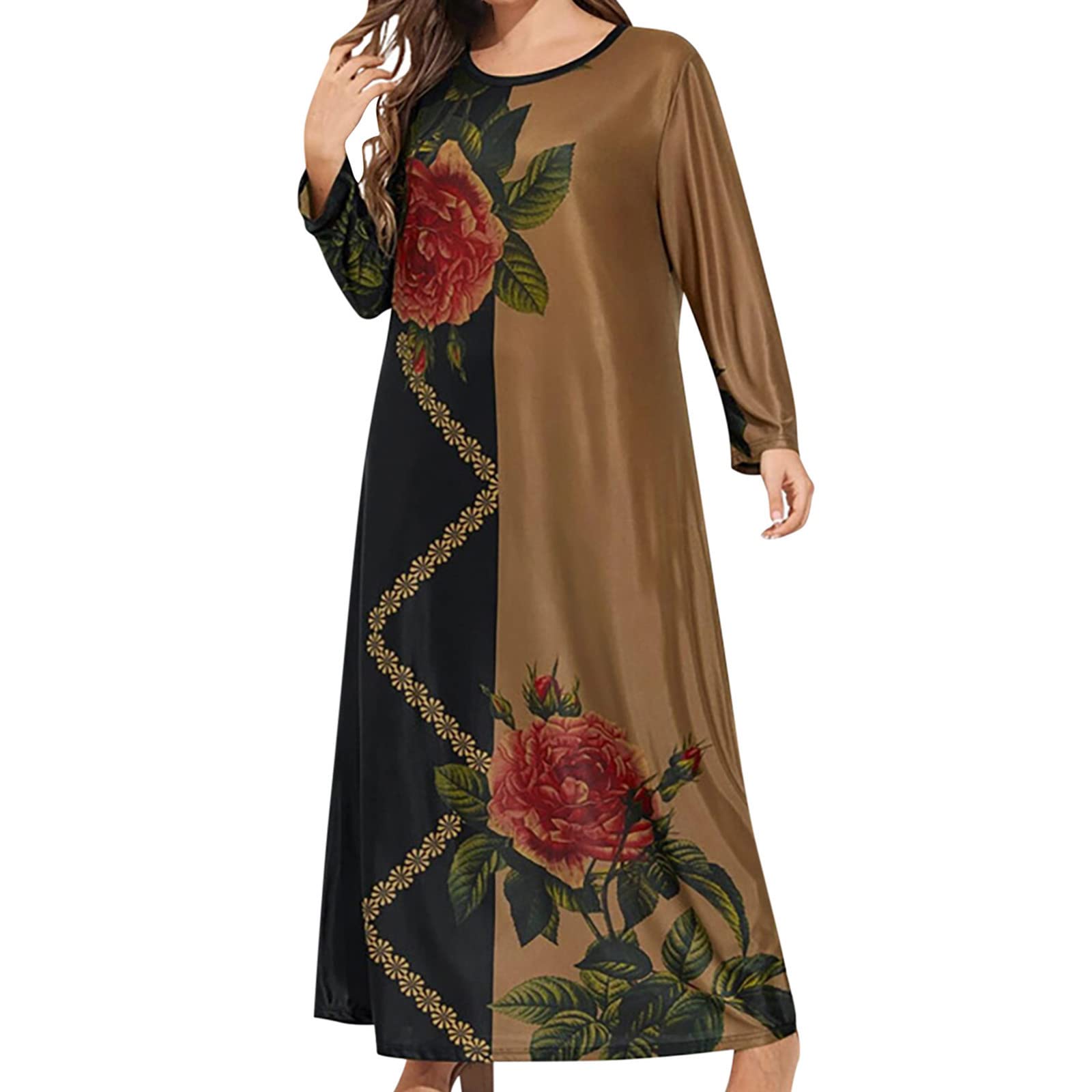 Plus Size Floral Print Long Sleeve Maxi Dress for Women - Vintage Elegant Loose Fit Crew Neck Casual Dress for Everyday Wear, Date Night & Special Occasions