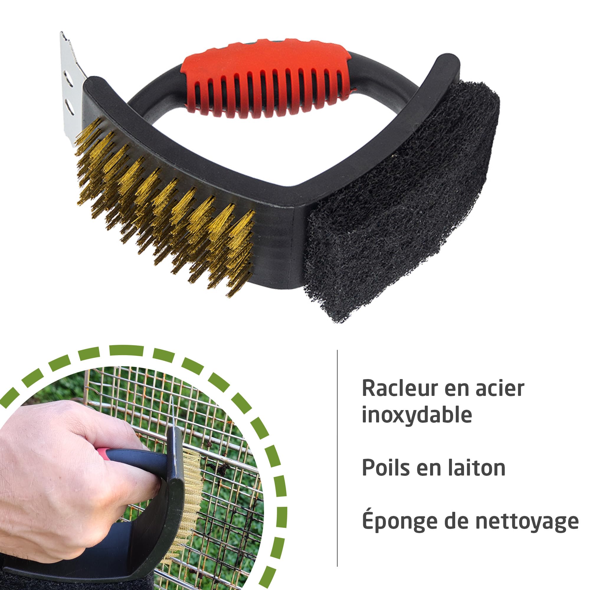 Amig 3-in-1 BBQ Grill Cleaning Brush with Scraper & Scourer - Heavy Duty Stainless Steel Bristles for Charcoal, Gas & Electric Grills - Perfect for Outdoor Cooking, Backyard BBQs & Camping (16.5x11.5x7cm)