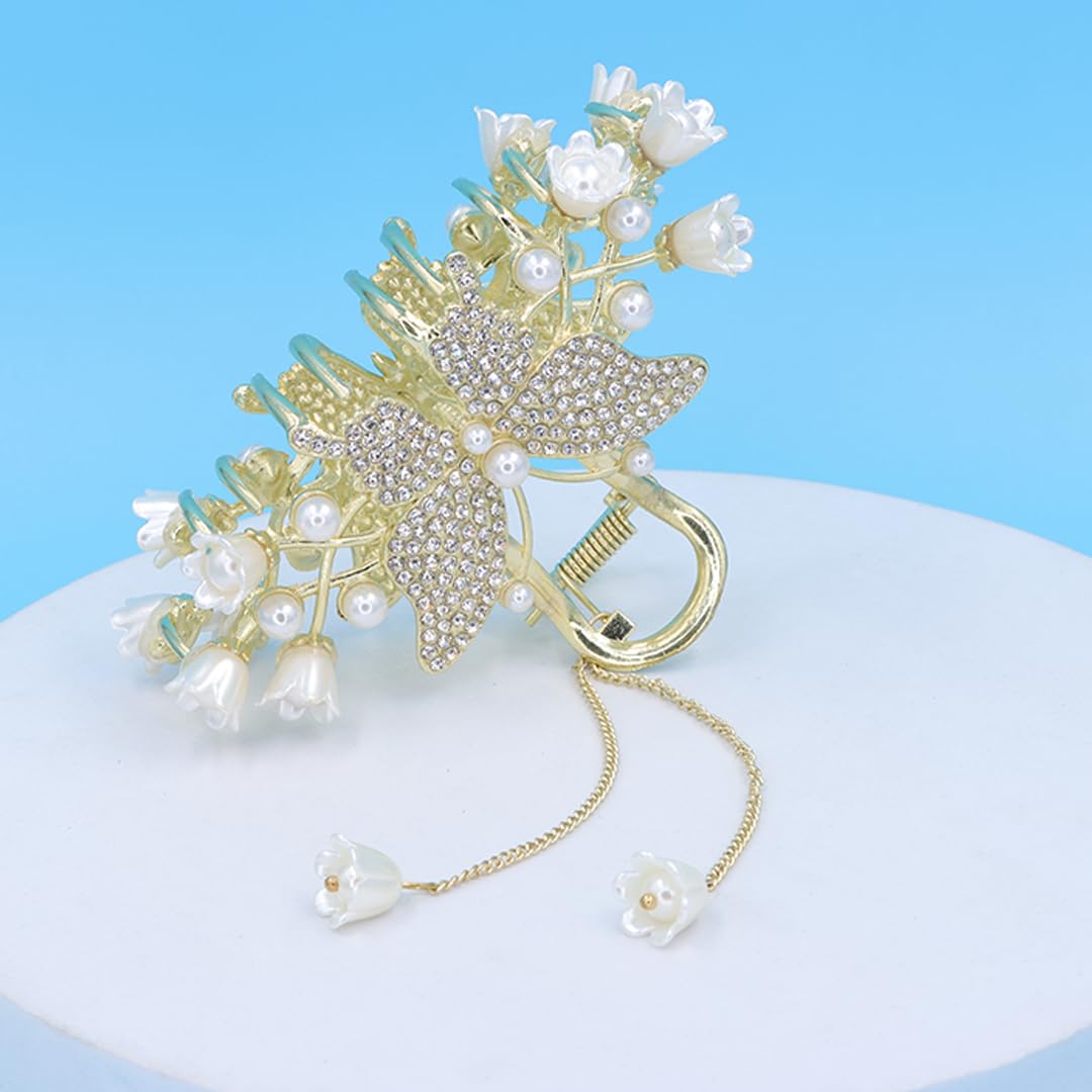 Myra Collection 1PC Gold Metal Butterfly Rhinestone Flower Hair Clip - Elegant Pearl Hair Claw for Women & Girls - Perfect for Parties, Weddings, Prom & Special Occasions