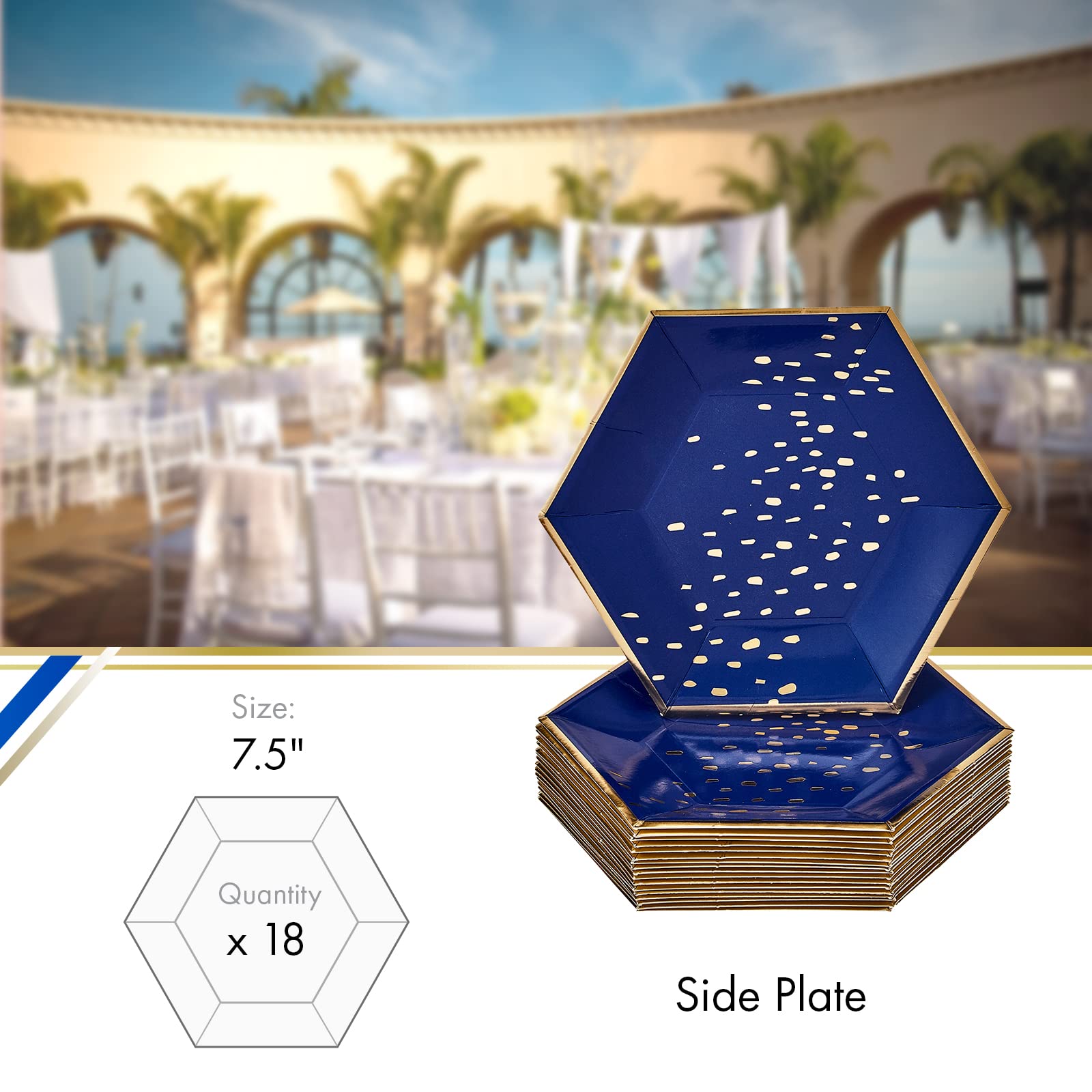 Hexagon Design Heavy Duty Disposable Paper Plates (18 Pack) - 7 Inch Silver Spoons Party Plates for Birthday, Baby Shower, Wedding & Events - Elegant Blue Dessert Plates for Indoor/Outdoor Gatherings