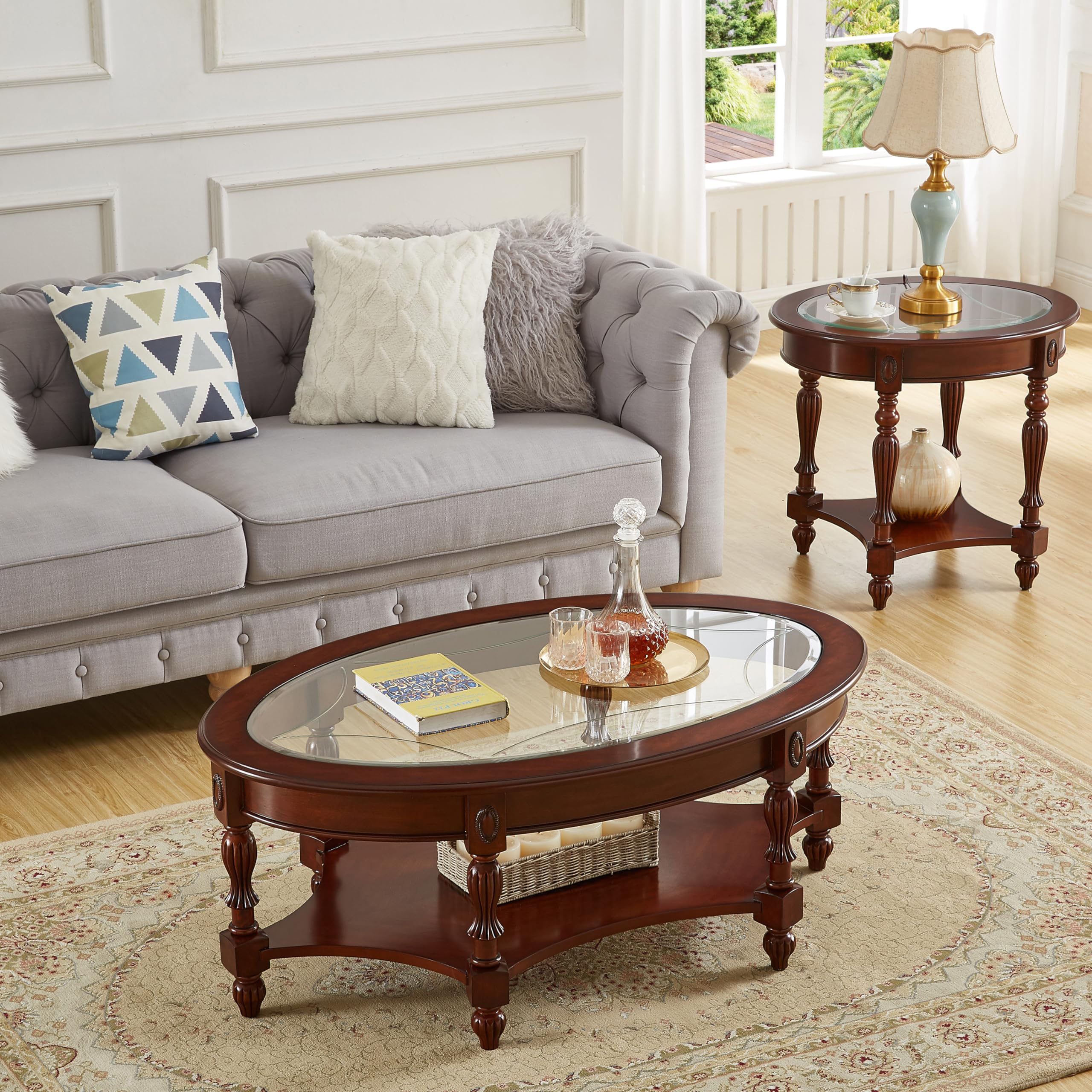Vintage Wood Coffee Table Set with Glass Top - Oval Coffee Table & End Table for Living Room, Small Spaces & Entryway - Elegant Home Decor for Cozy Gatherings & Stylish Interiors