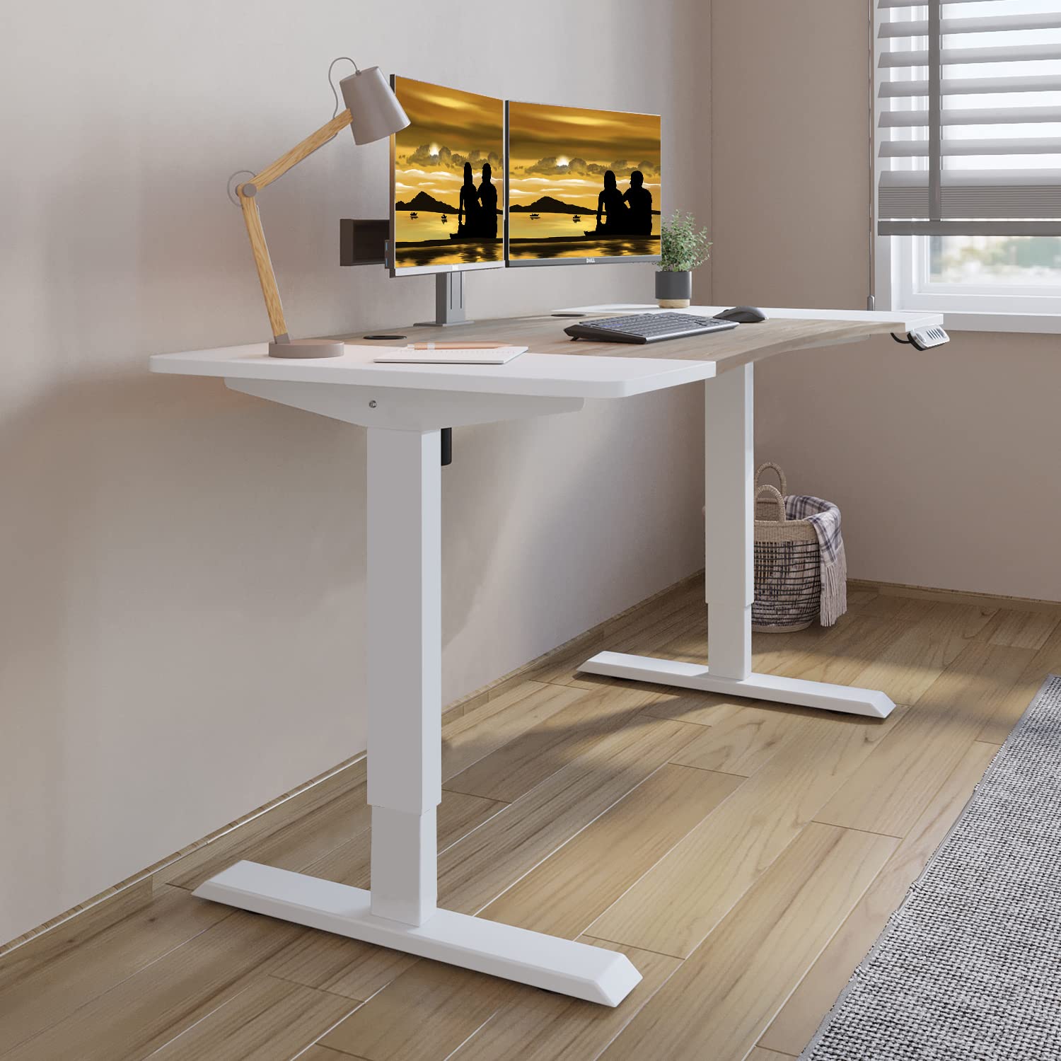Dual Motor Electric Standing Desk - 63 x 30 Inch Adjustable Height Sit Stand Computer Desk with Splice Board, White Frame/Oak & White Top (Radian) - Perfect for Home Office, Gaming & Workspace Ergonomics