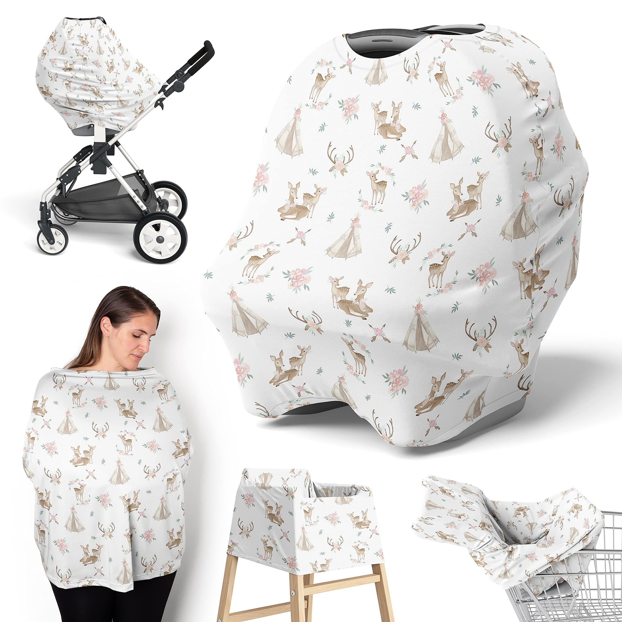 Sweet Jojo Designs Woodland Deer Floral Baby Car Seat Cover - Nursing, Shopping Cart & Stroller Canopy in Blush Pink & Mint Green - Boho Watercolor Bohemian Forest Animal Print for Girls (Perfect for Outdoors, Travel & Daily Errands)