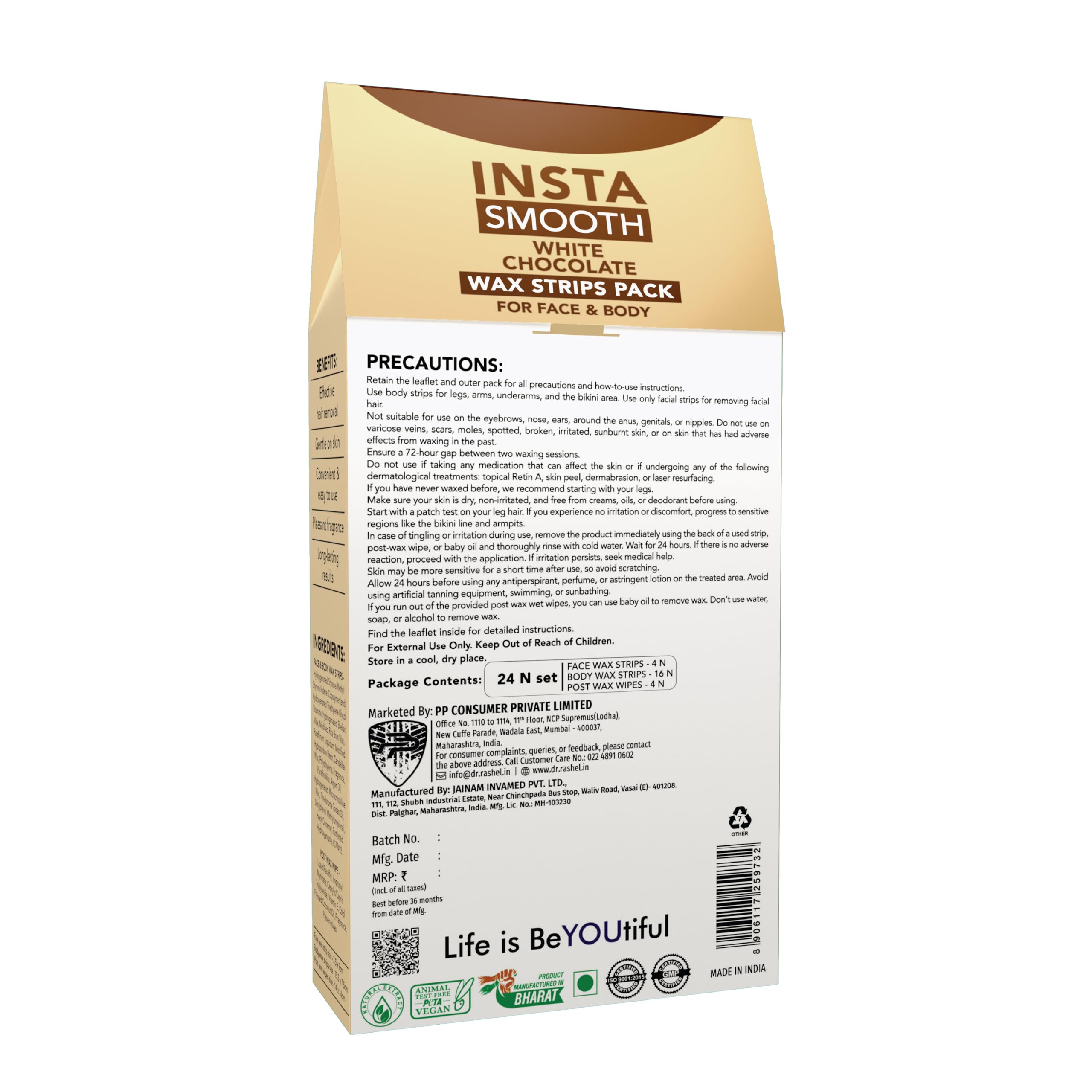 DR.Rashel Insta Smooth White Chocolate Wax Strips - 24 Count for Face & Body Hair Removal | Painless & Gentle Waxing Kit for Smooth Skin | Perfect for Home Use, Travel & DIY Beauty Care
