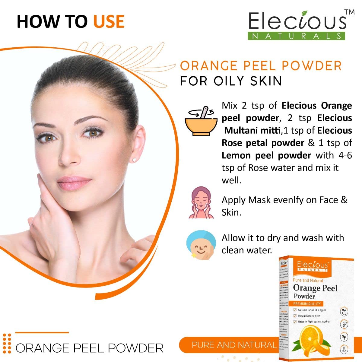 Elecious 100% Natural Orange Peel Powder for Skin & Face (200g) | Chemical-Free, Preservative-Free | Tan Removal, Face Cleansing & Glowing Skin | DIY Face Masks, Scrubs & Beauty Treatments