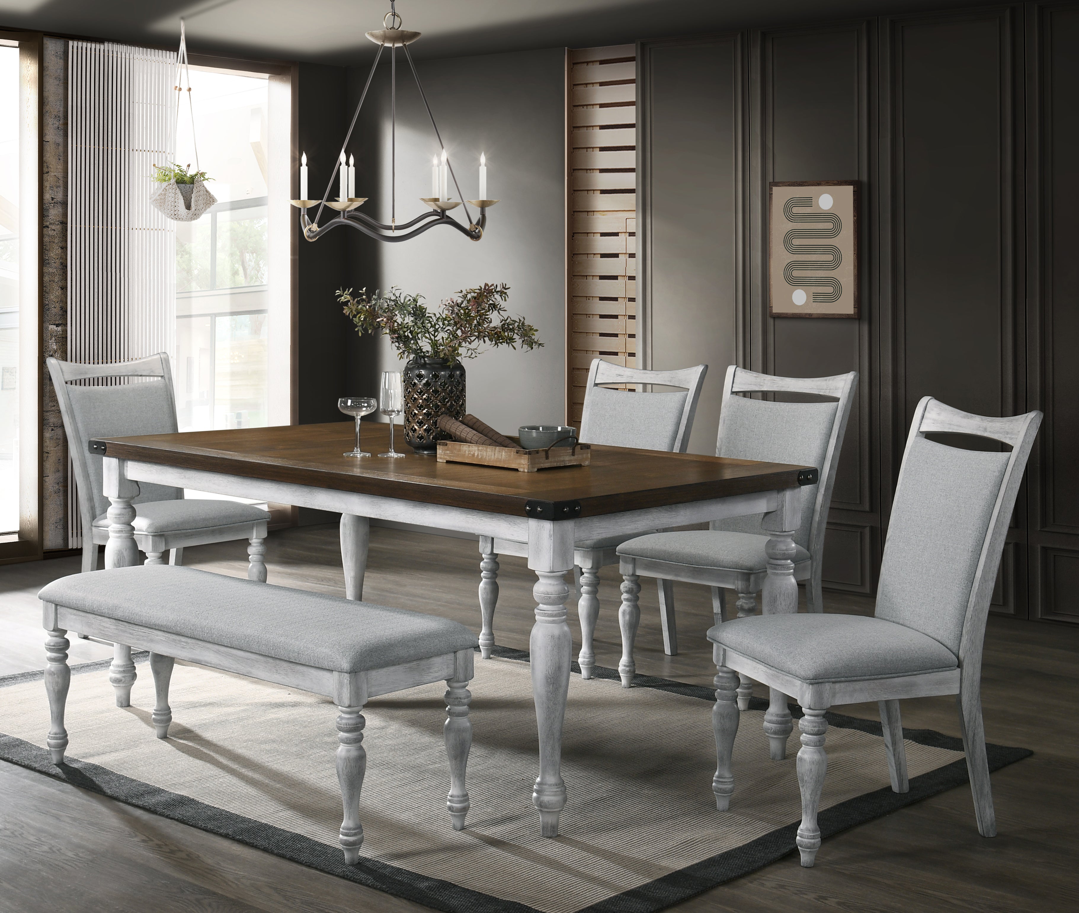 6-Piece Rustic White and Oak Dining Table Set with 4 Upholstered Chairs & Bench - Perfect for Farmhouse Kitchens, Dining Rooms & Small Space Entertaining