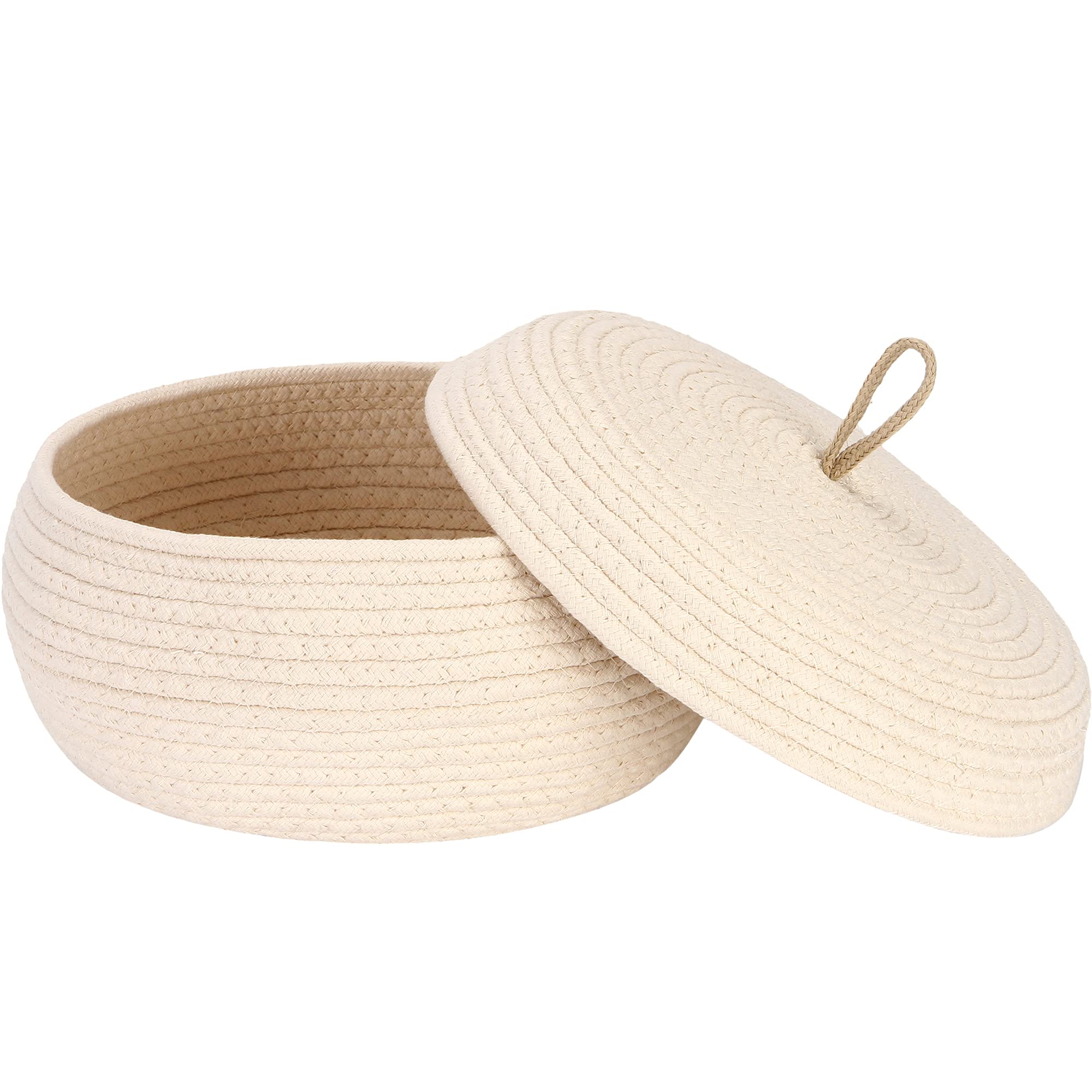 Sea Team Round Cotton Rope Storage Basket with Lid - Decorative Woven Organizer Bin for Home, Nursery & Office - Perfect for Snacks, Towels, Plants & Toys - 13 x 5.5 Inches (Large, Shallow, Cream) - Eco-Friendly Home Decor Storage Solution