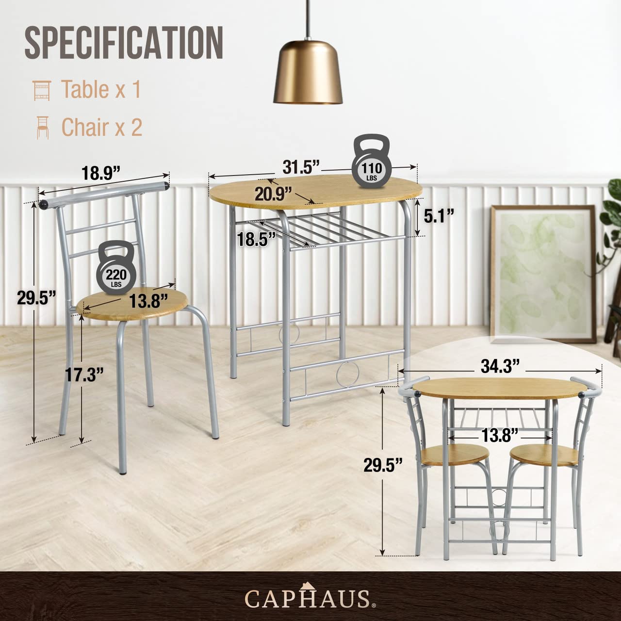 CAPHAUS 3-Piece Dining Set for 2 - Small Kitchen & Patio Table with Steel Frame & Wine Rack - Natural Oak Round Dining Table Set - Perfect for Outdoor Dining, Small Spaces & Apartment Living