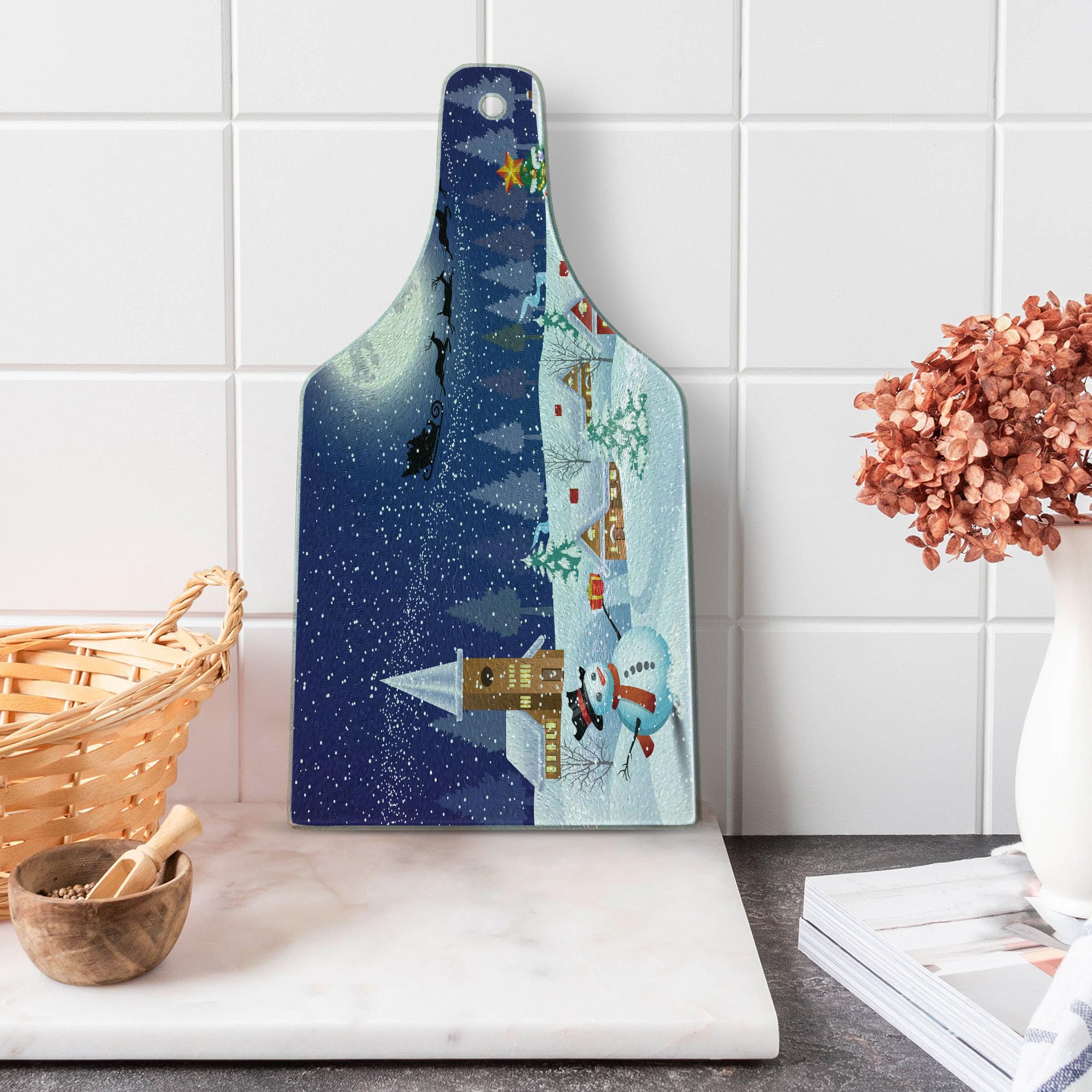 Ambesonne Christmas Themed Tempered Glass Cutting Board - Snowman, Xmas Tree, Santa Sleigh & Stars Design - Holiday Serving Tray for Cheese, Charcuterie & Wine - Perfect for Christmas Dinner Party Decor & Gift Giving