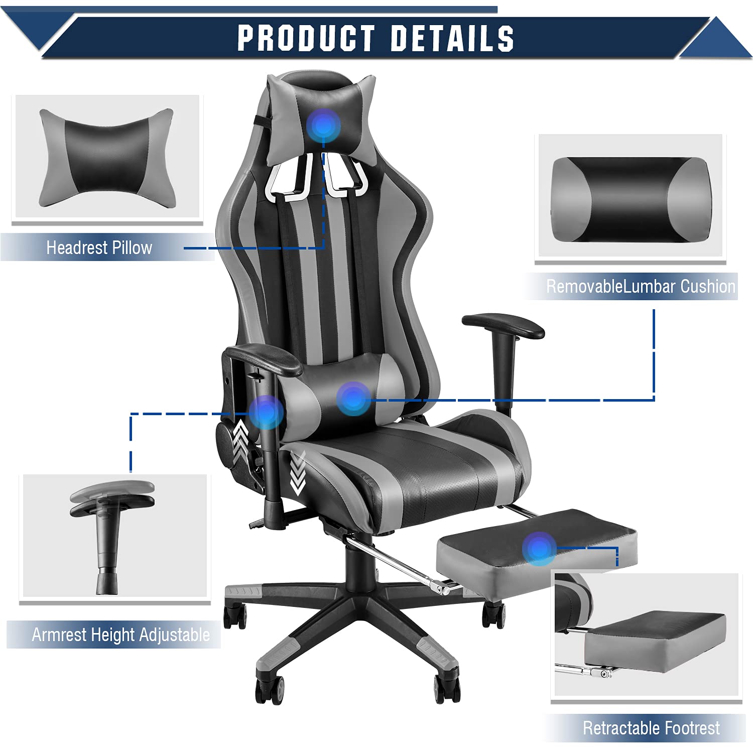 Soontrans Ergonomic Racing Style Gaming Chair with Adjustable Footrest, Headrest & Lumbar Support - High Back Computer Desk Chair for PC Gamers, Office Workers & Home Use (Black/Gray) - Perfect for Esports, Streaming & Long Work Sessions