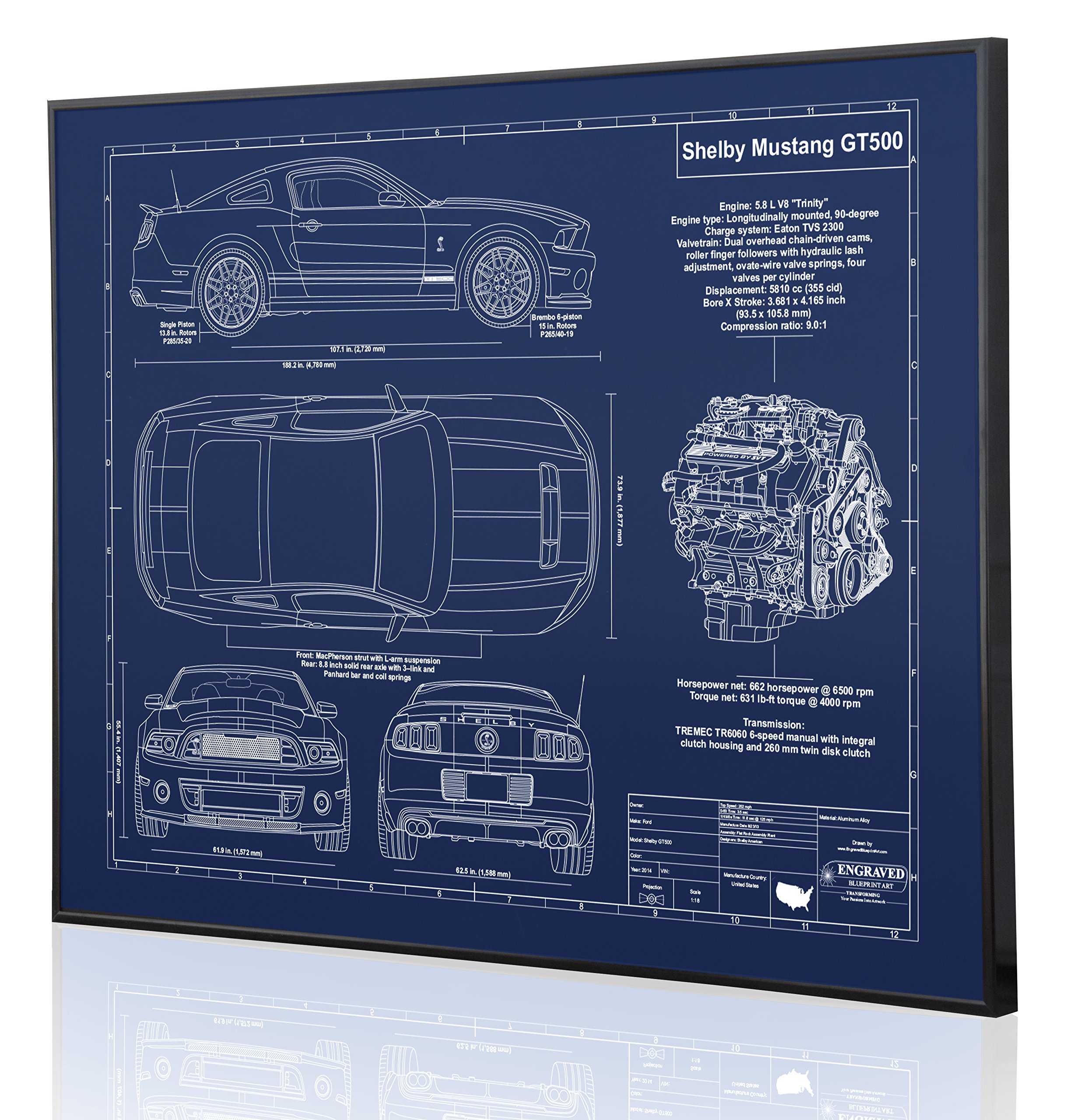 2014 Shelby Mustang GT500 Blueprint Artwork - Laser Engraved & Personalized - Unique Ford Car Enthusiast Gift for Home, Office, or Man Cave Decor