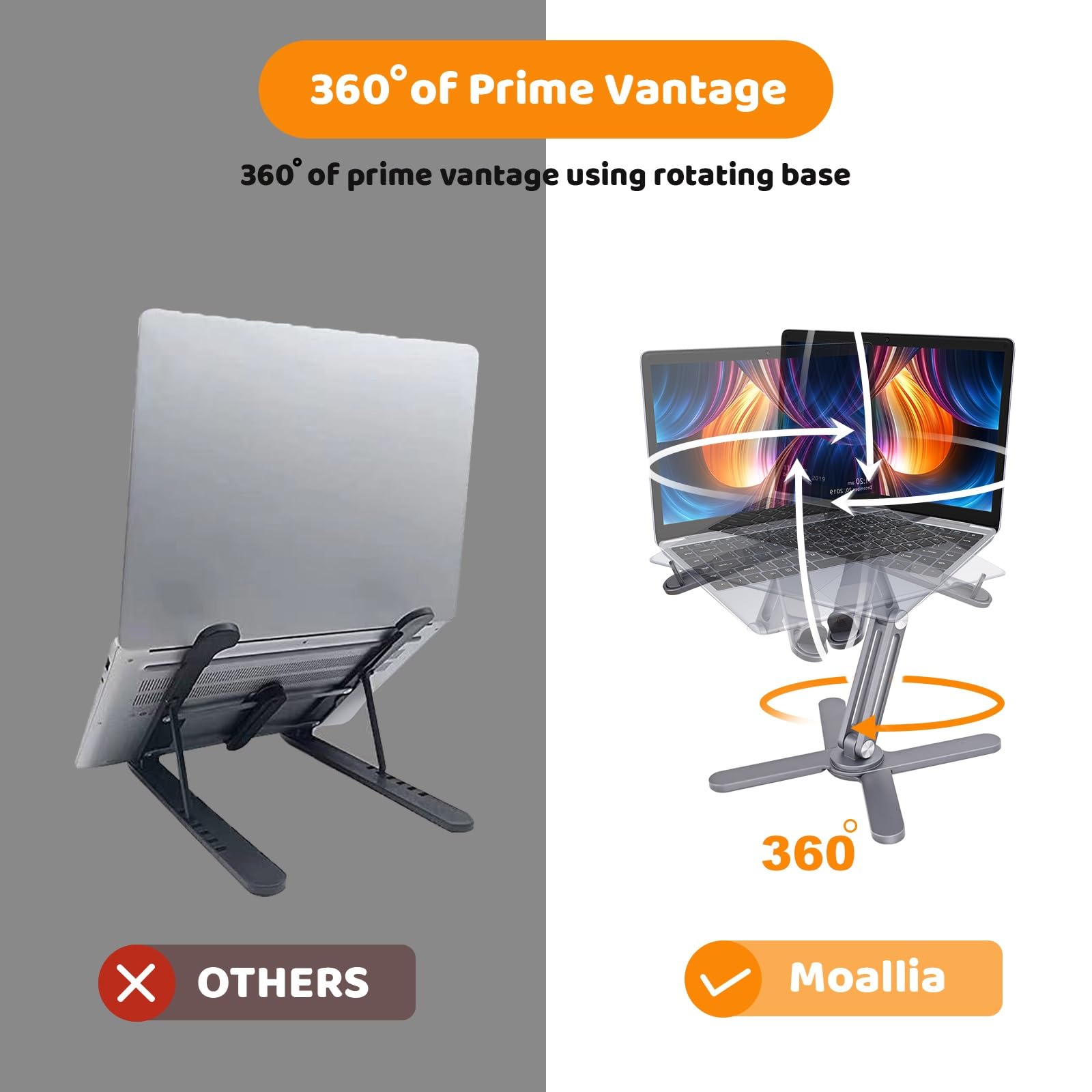 360° Rotating Laptop Stand with Foldable Metal Base, Ergonomic Notebook Riser for MacBook & Laptops up to 16 inches, Grey - Perfect for Desk Work, Collaborative Meetings & Home Office