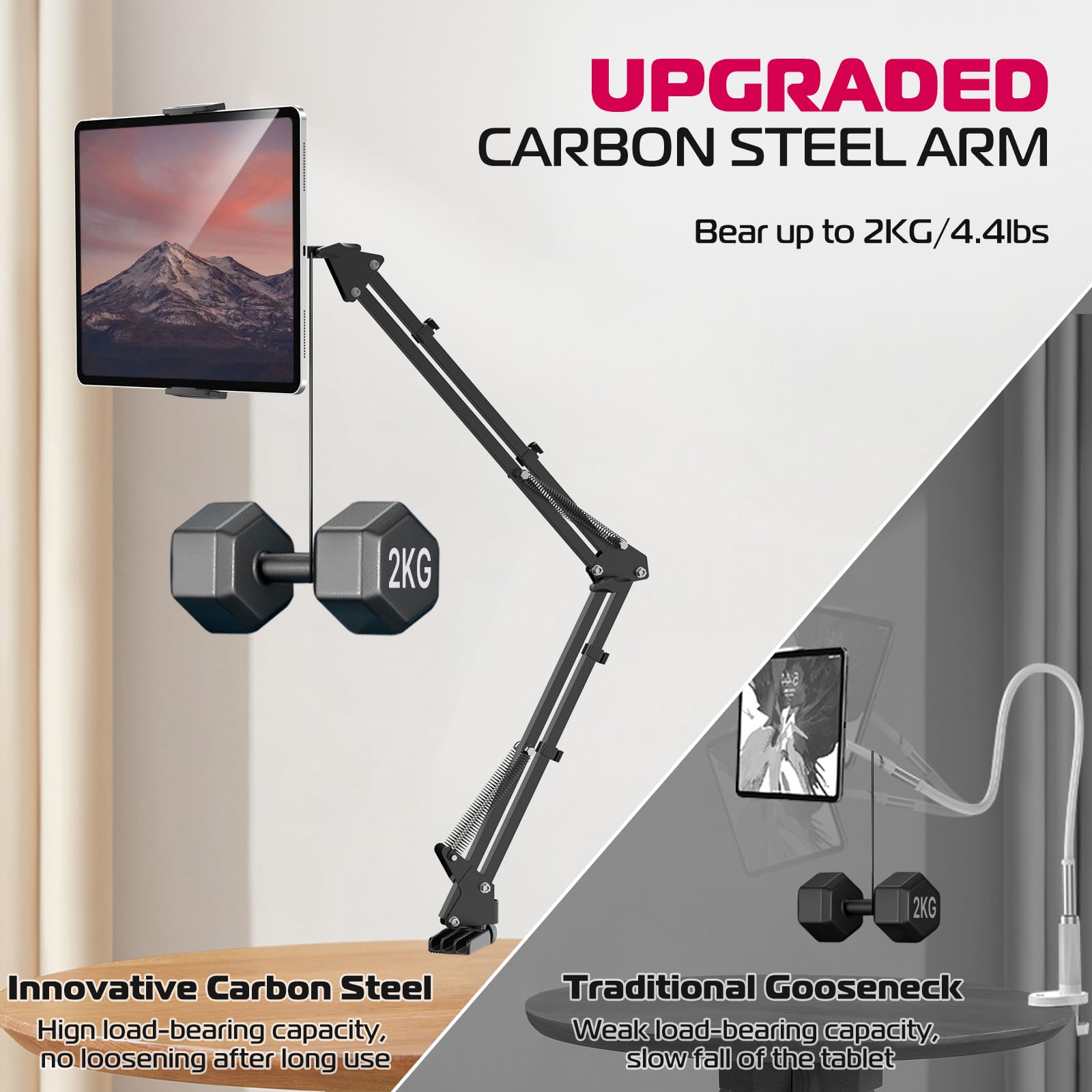 ULANZI T2 Adjustable Tablet Stand Holder - Carbon Steel Desk & Bed Mount for iPad Pro, Air, Mini, Galaxy Tab, iPhone (4.6-12.9 Inch) - Perfect for Watching Movies, Reading & Video Calls