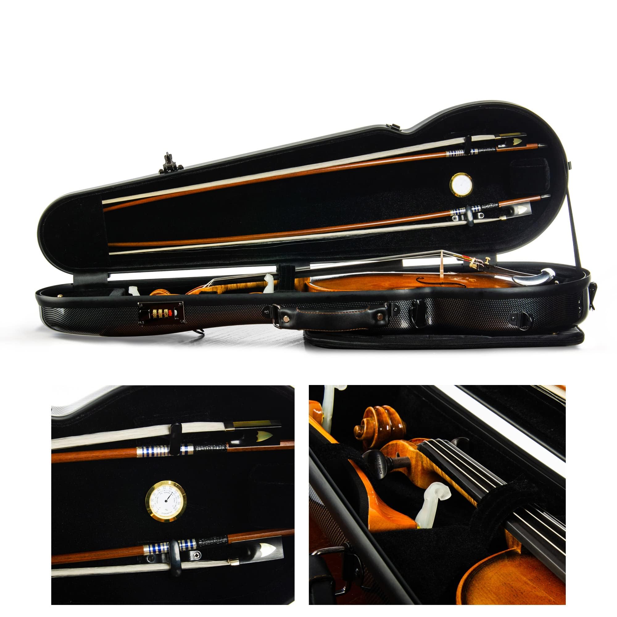 Premium 4/4 Full Size Carbon Fiber Violin Case with Combination Lock - High-Strength Black Hard Case with Bonus Accessory Bag & Music Pouch | Perfect for Professional Musicians, Travel & Secure Storage (VB-Trianglee-BlackDot Spot)